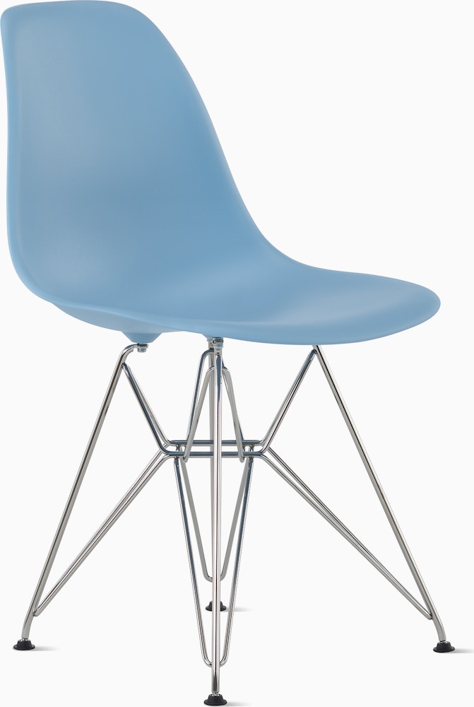 Front angle of pale blue plastic shell chair with wire base legs.