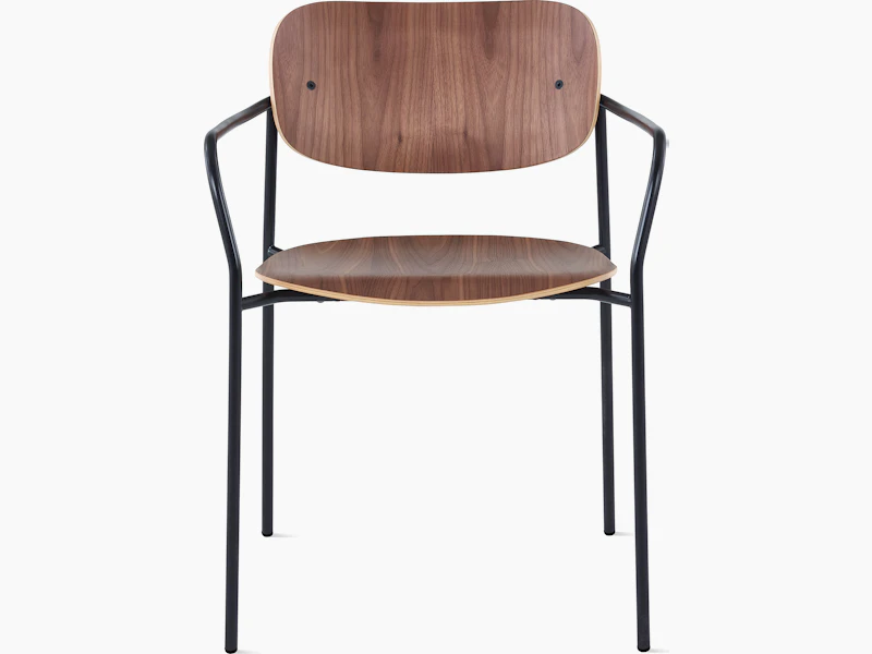Portrait Chair with Walnut seat and back, and black frame with arms.