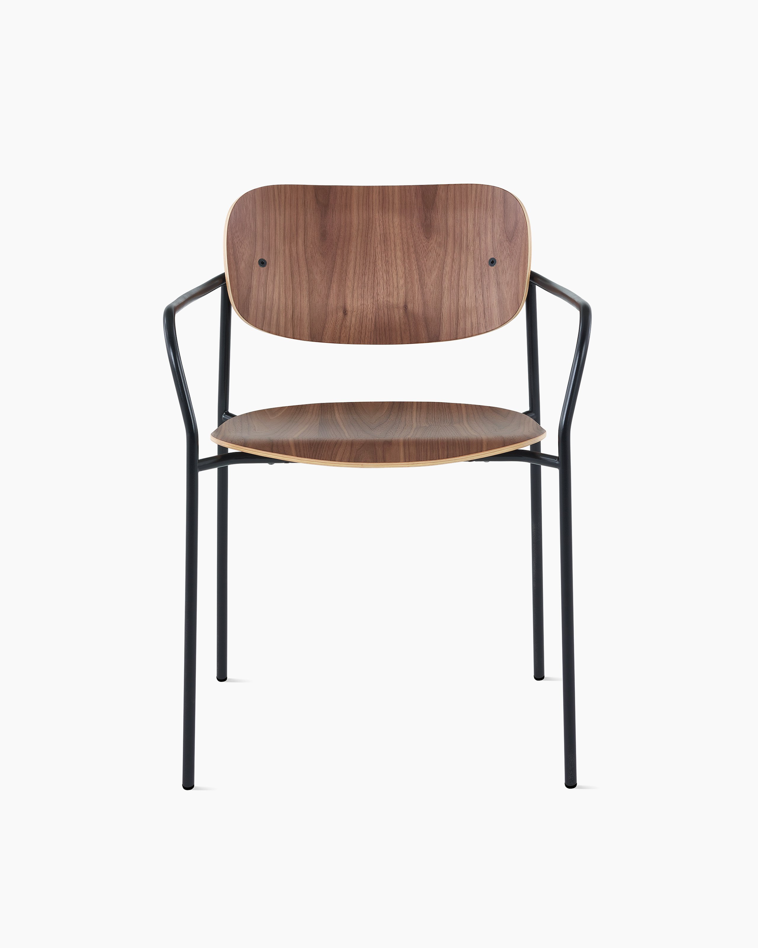 Portrait Chair with Walnut seat and back, and black frame with arms.