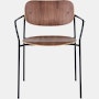 Portrait Chair with Walnut seat and back, and black frame with arms.