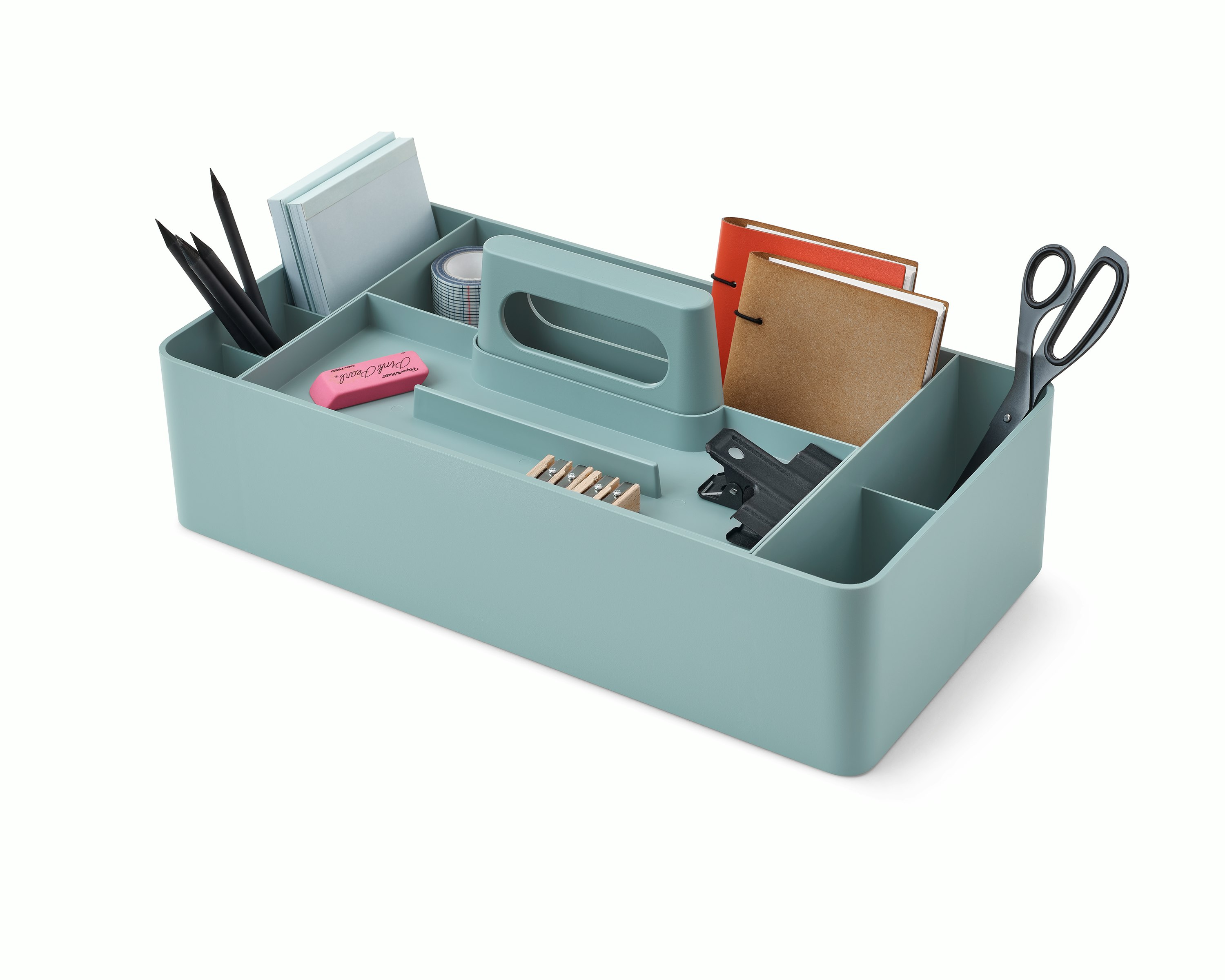 Light blue OE1 Workbox with pencils, notepads and other personal items, viewed from an angle. 