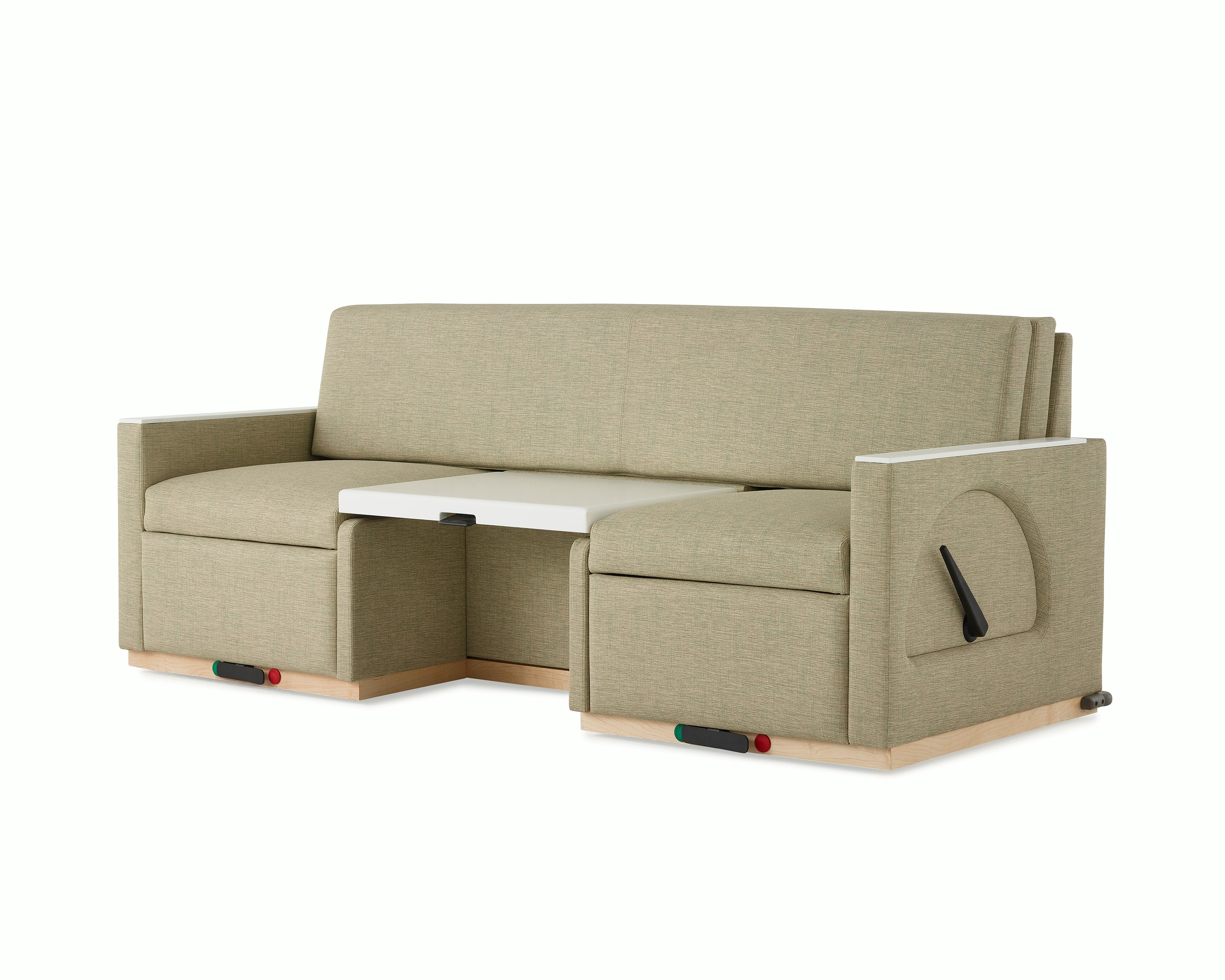Angled view of a Nemschoff Merge 2 Flop Sofa in a beige upholstery with a white center table and a natural maple base.