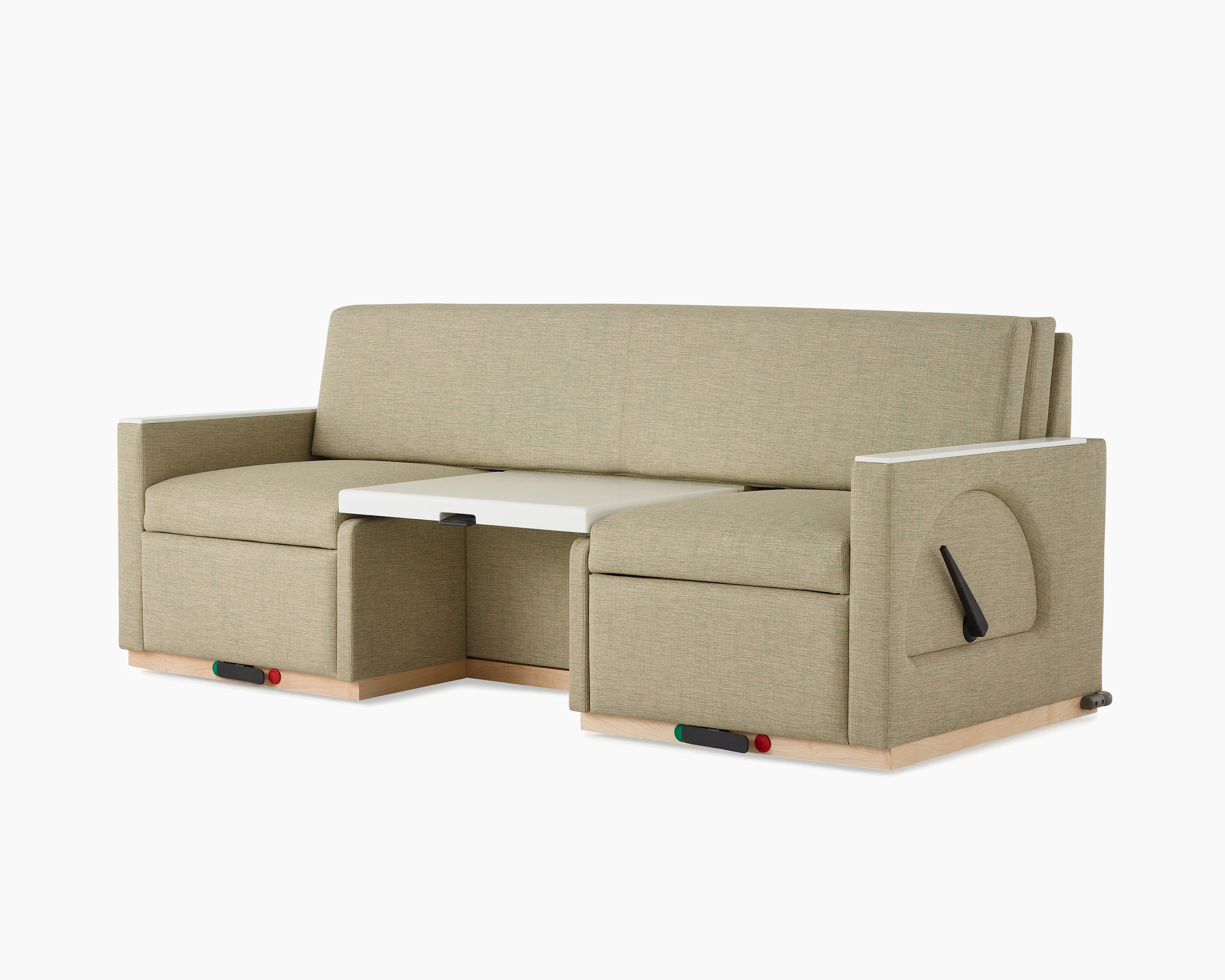 Angled view of a Nemschoff Merge 2 Flop Sofa in a beige upholstery with a white center table and a natural maple base.