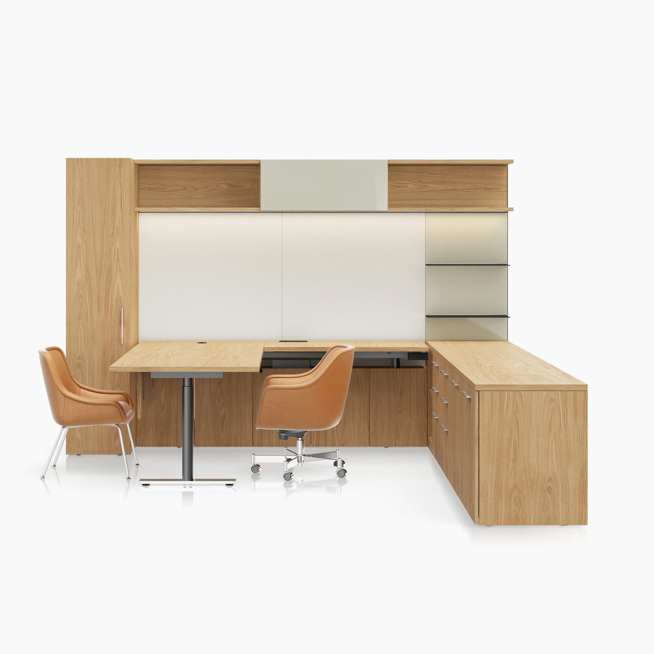 A Geiger One Private Office in Natural Flat Cut Oak with a Bumper Office and Side Chair in camel leather viewed from the front.