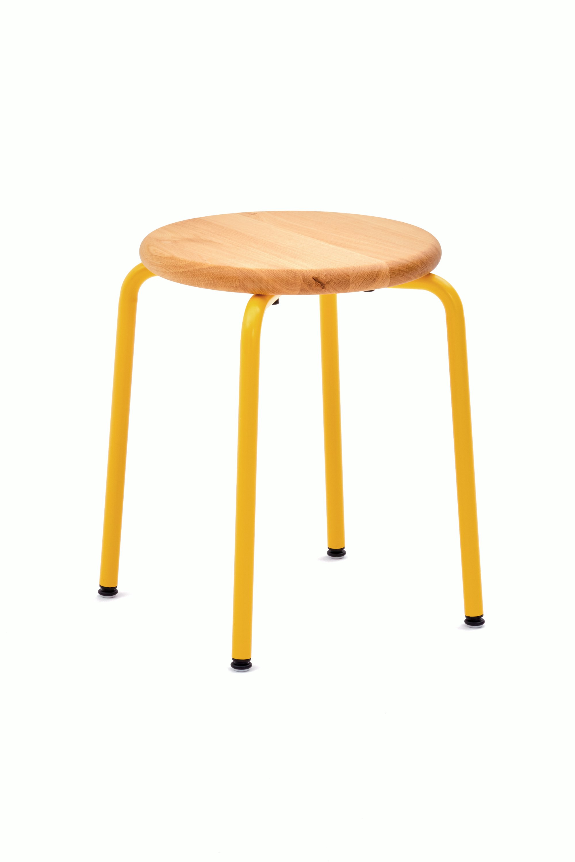 A Penny Stool with a yellow base and oak seat.