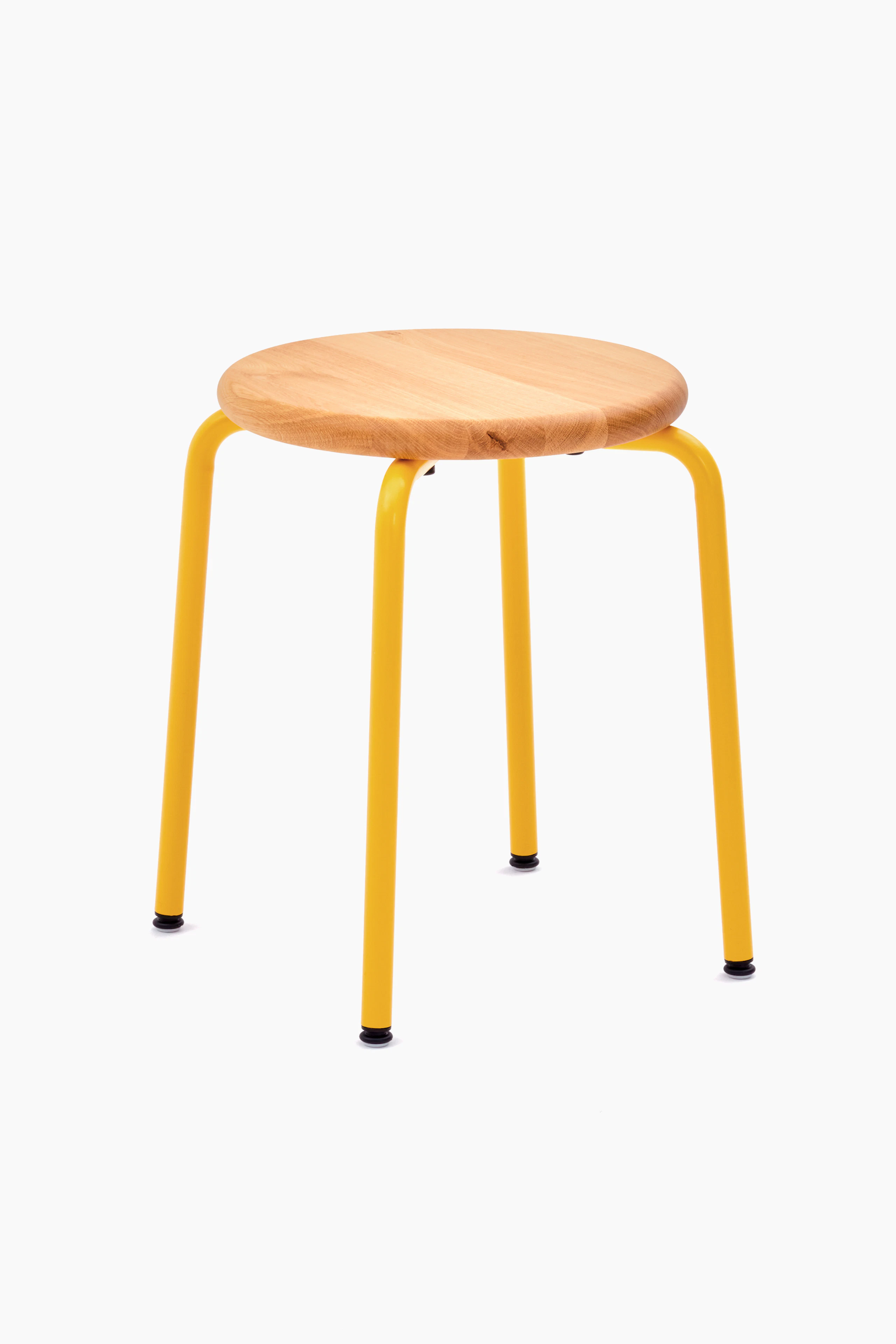 A Penny Stool with a yellow base and oak seat.