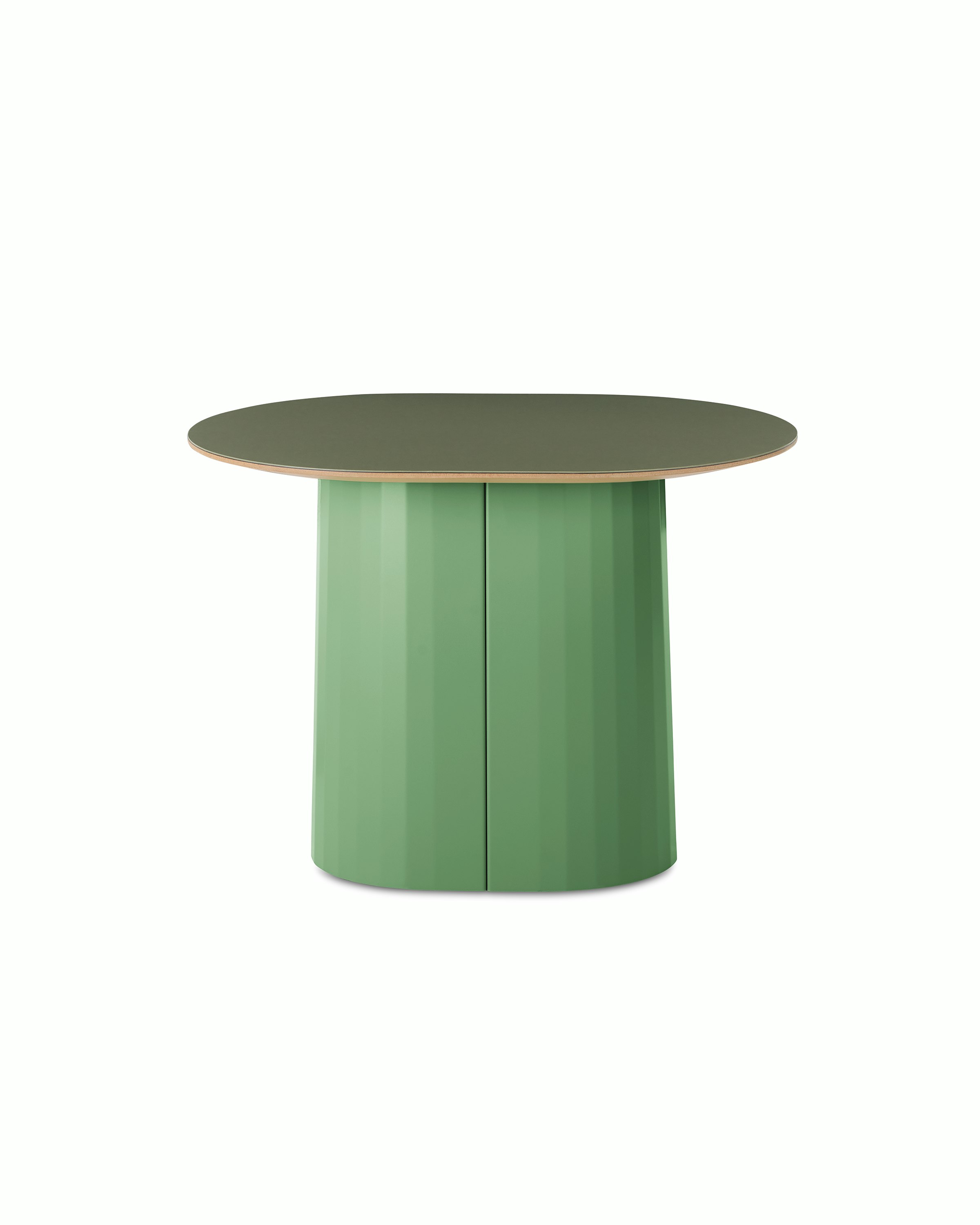 White sweep shot of Tun Low Side Table with pale green metal base and olive green Forbo table top.