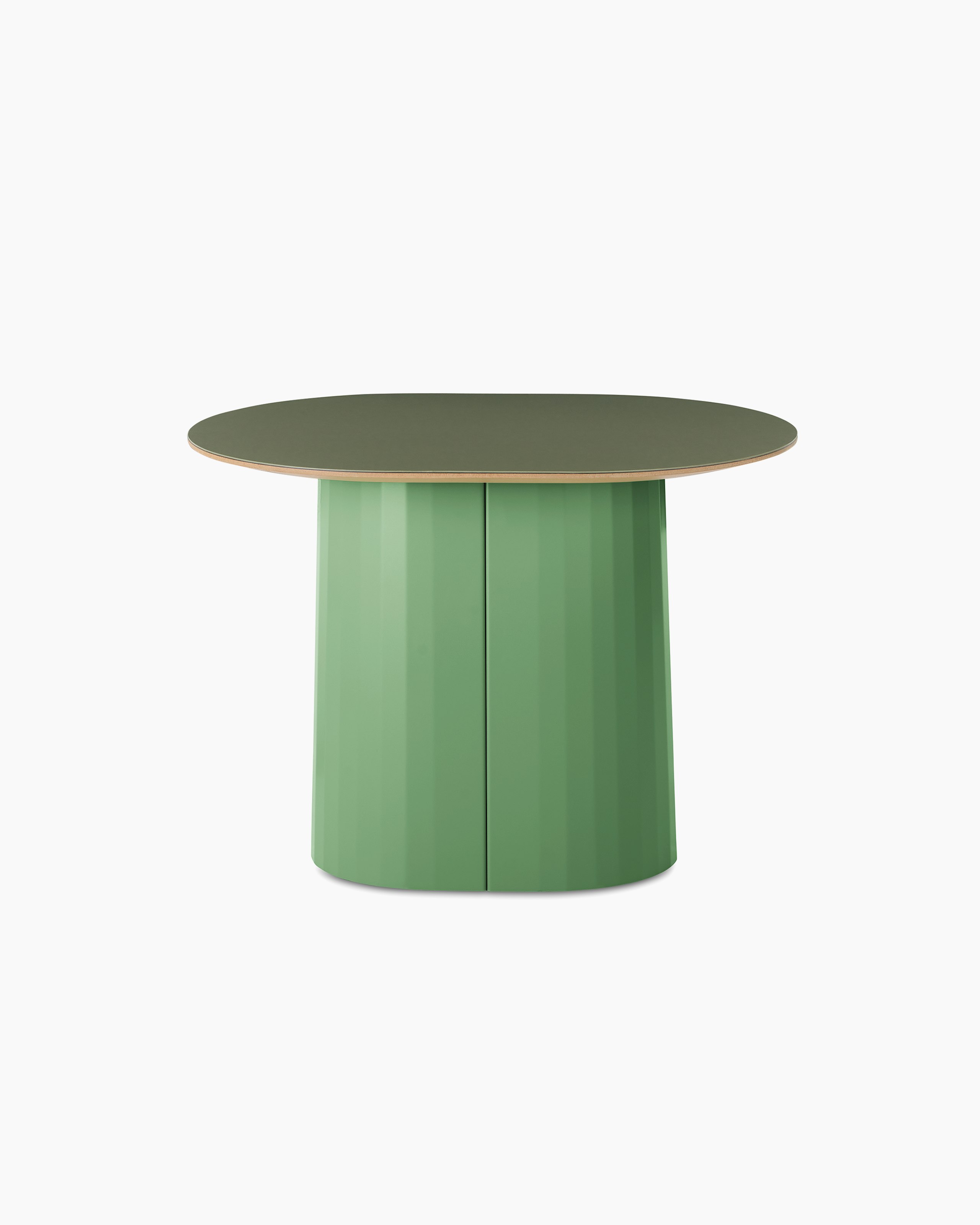 White sweep shot of Tun Low Side Table with pale green metal base and olive green Forbo table top.