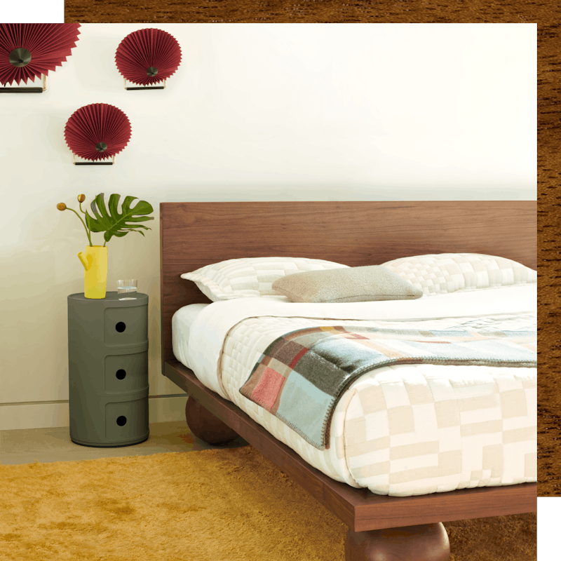 Yoko Bed, Matin Wall Sconce, Componibili Storage Unit, Pieces Vases, Ruti Moroccan Wool Rug, Don't Want Anymore by David Esquivel, Dusen Dusen Check Bedding, Roam Pillow, Lambswool Block Throw