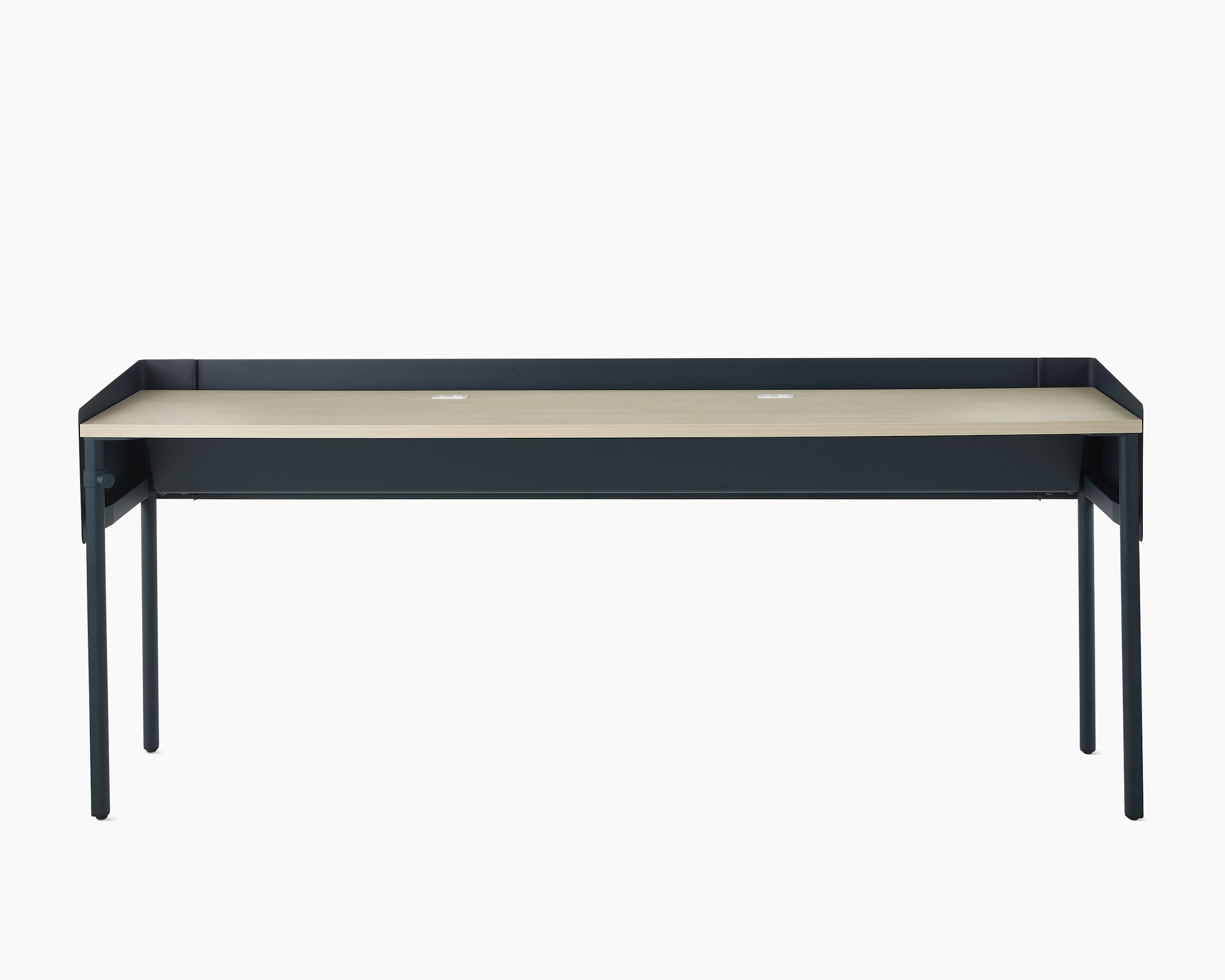 A single sided OE1 Communal Table with dark blue finish, and light brown surface viewed from the front.