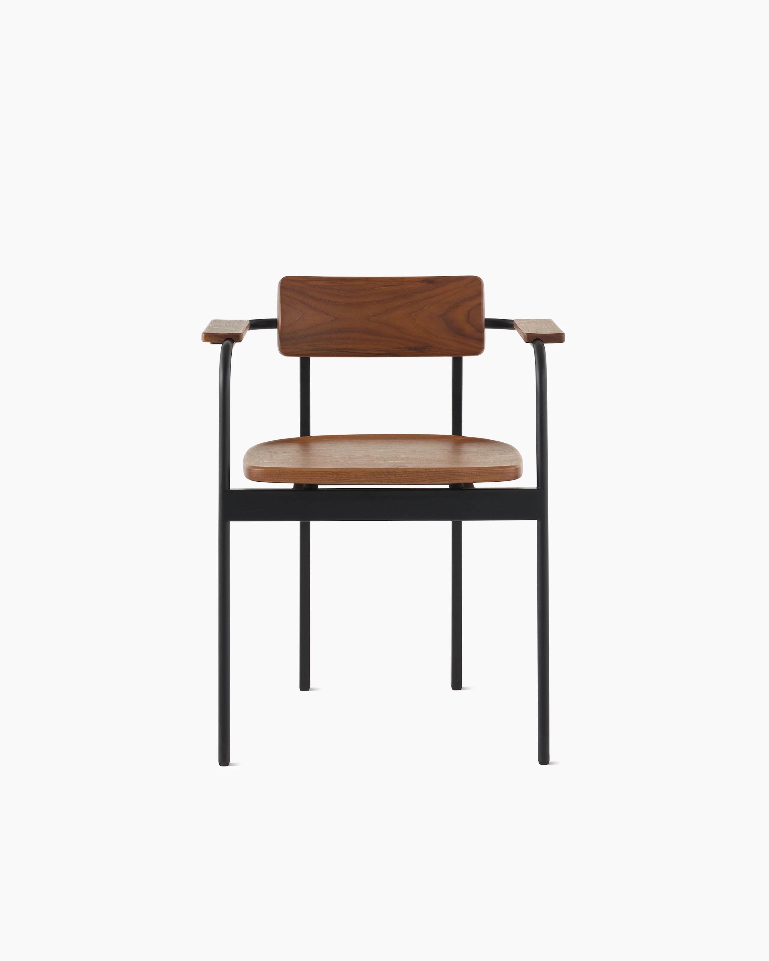 A Betwixt Chair with a walnut backrest, seat, and arms with a black frame.