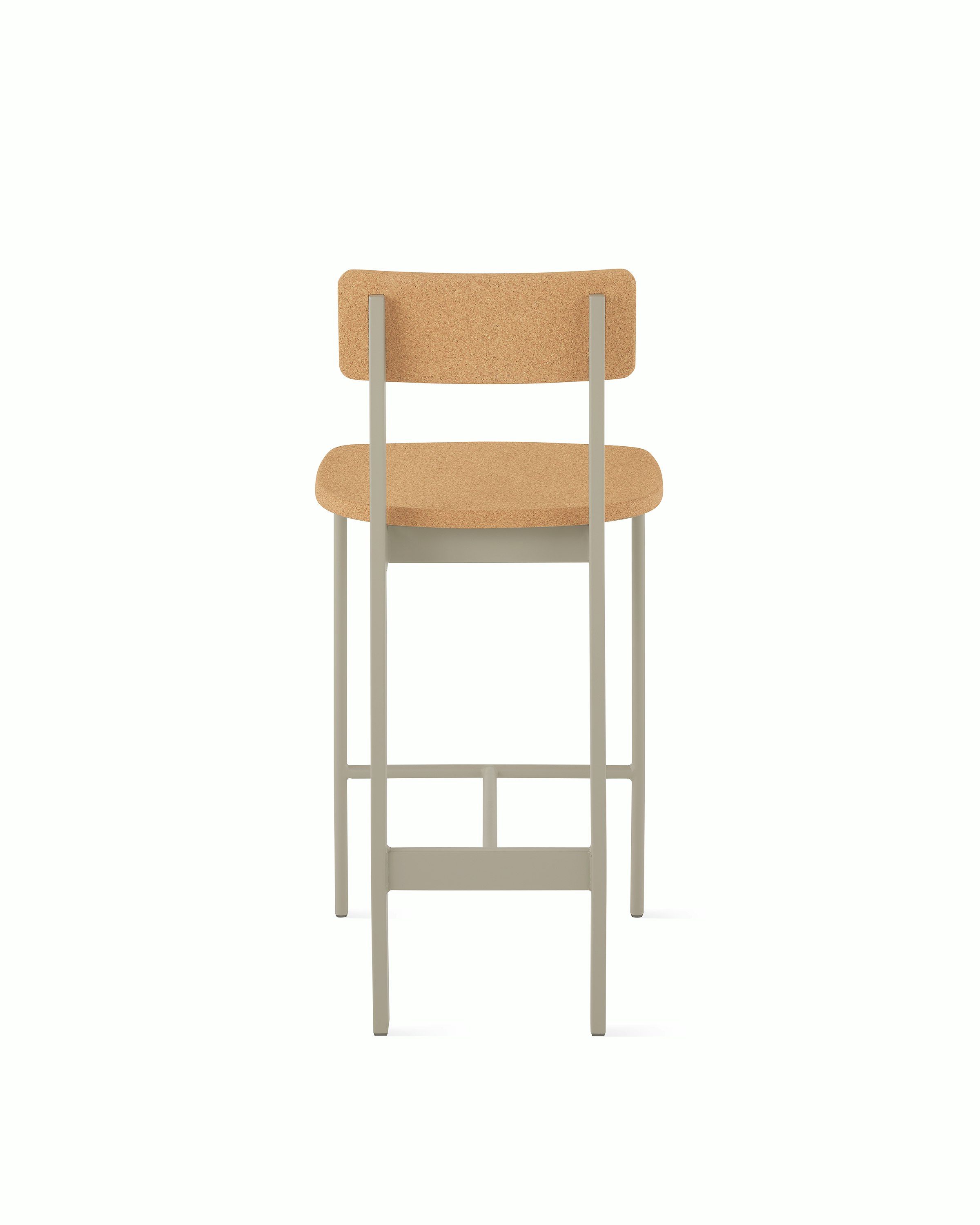 A counter height Betwixt Stool with cork seat and backrest, with a grey frame.