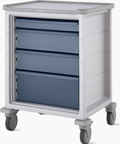 A mobile Procedure and Supply Cart in a light gray body and dark blue drawers.