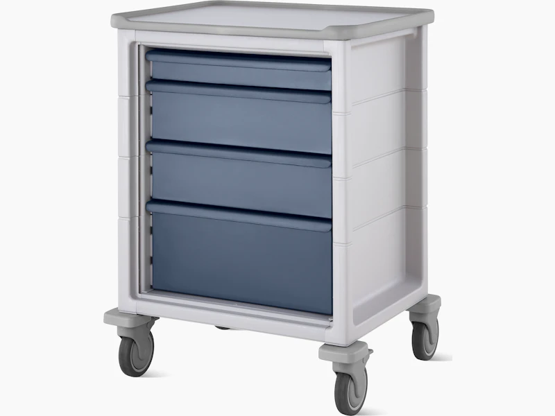 A mobile Procedure and Supply Cart in a light gray body and dark blue drawers.