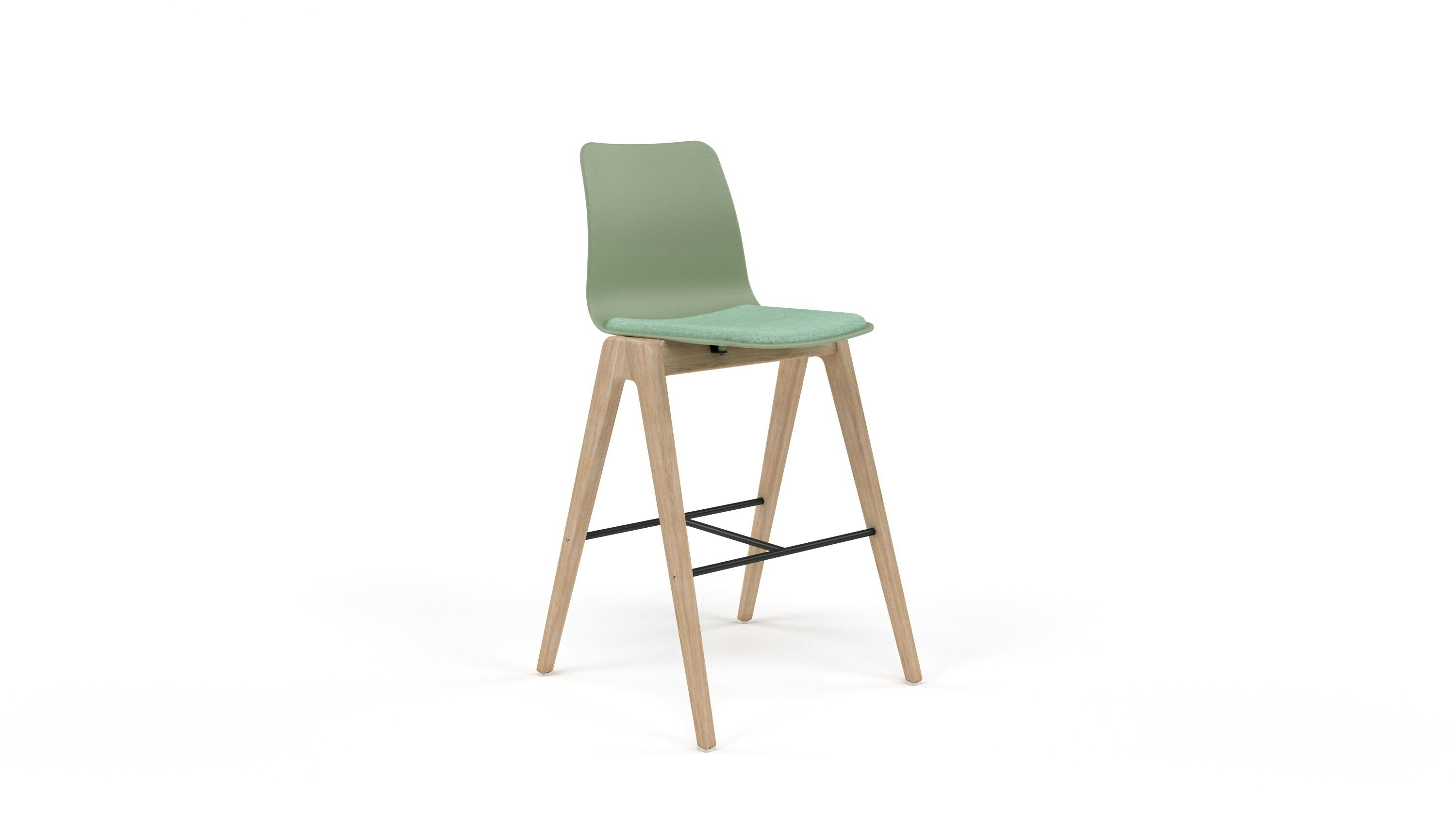 A green naughtone Polly Wood Stool with a green seat pad and oak base, viewed at an angle.