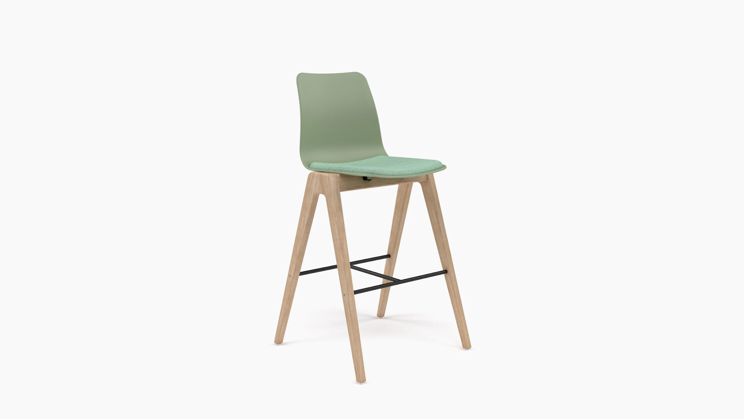 A green naughtone Polly Wood Stool with a green seat pad and oak base, viewed at an angle.