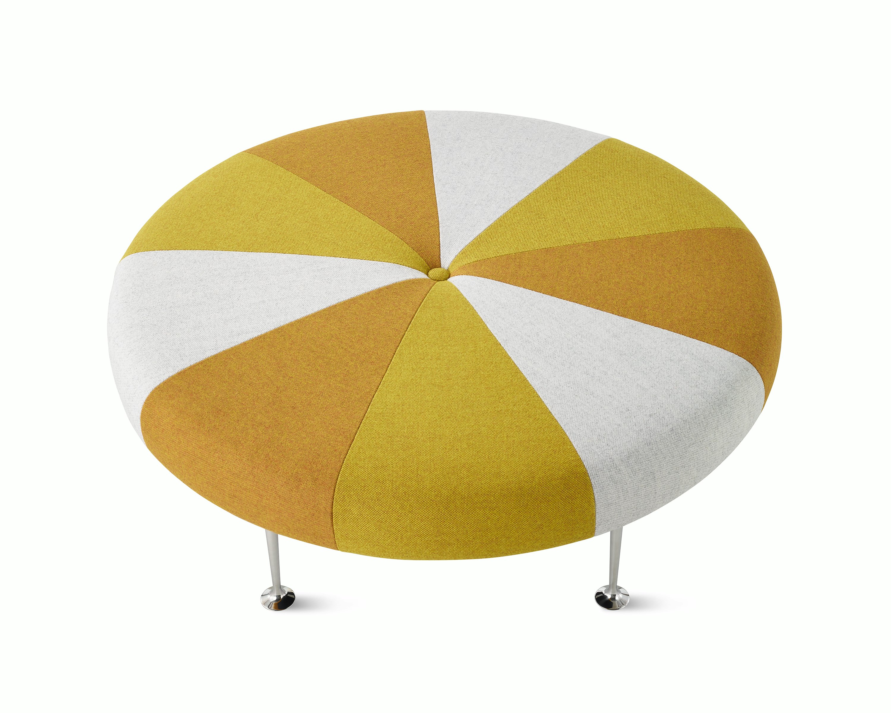 A Girard Color Wheel Ottoman upholstered in yellow fabrics, viewed from the top.
