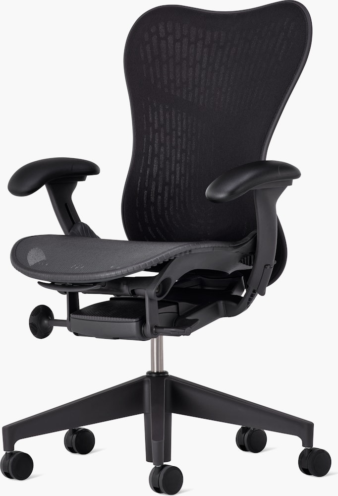 Front angle view of a Mirra 2 chair with a graphite  five star base and frame,  graphite Butterfly suspension back,  graphite Aireweave seat and black arm pads.