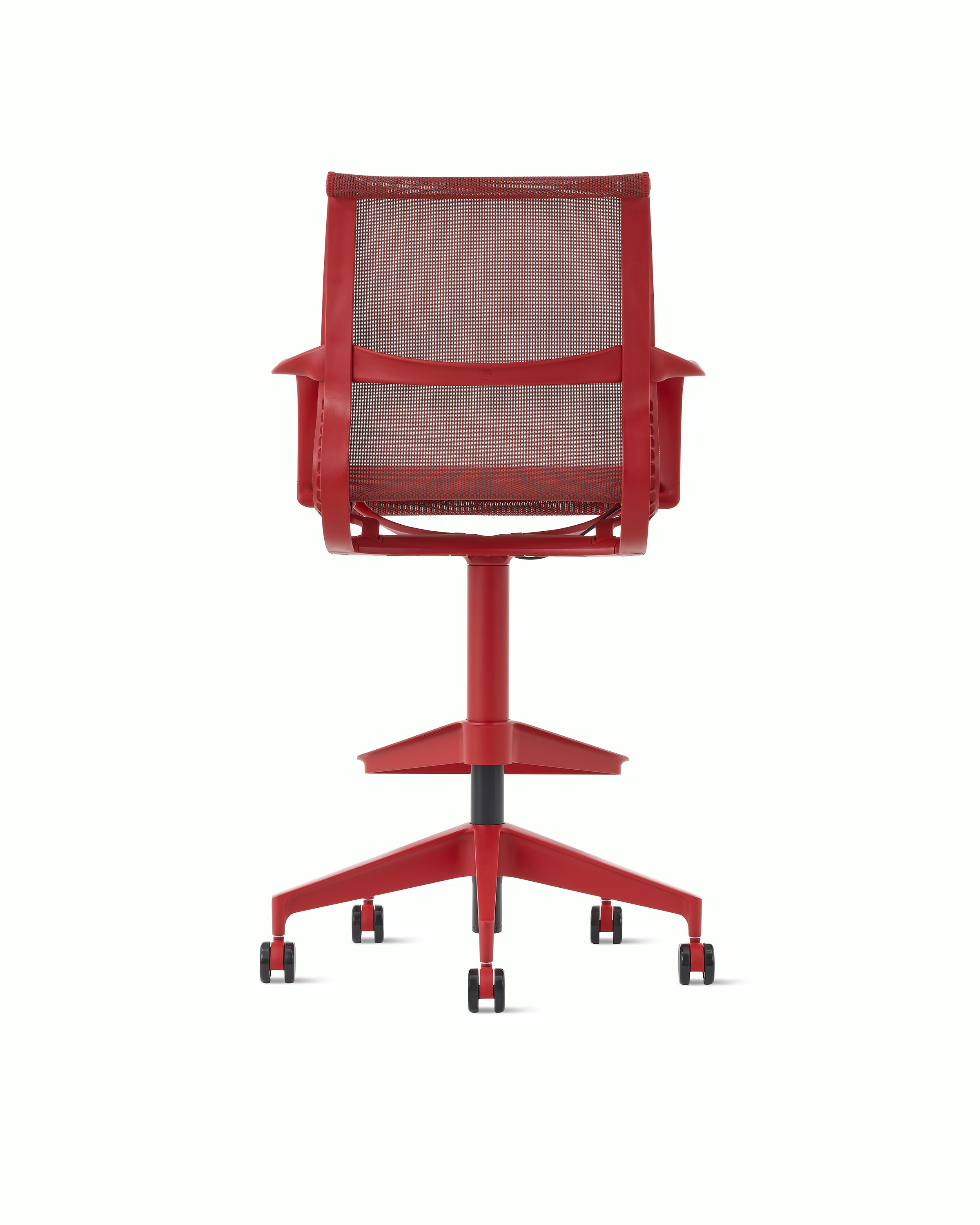 Rear view of a Setu stool with fixed arms in red.