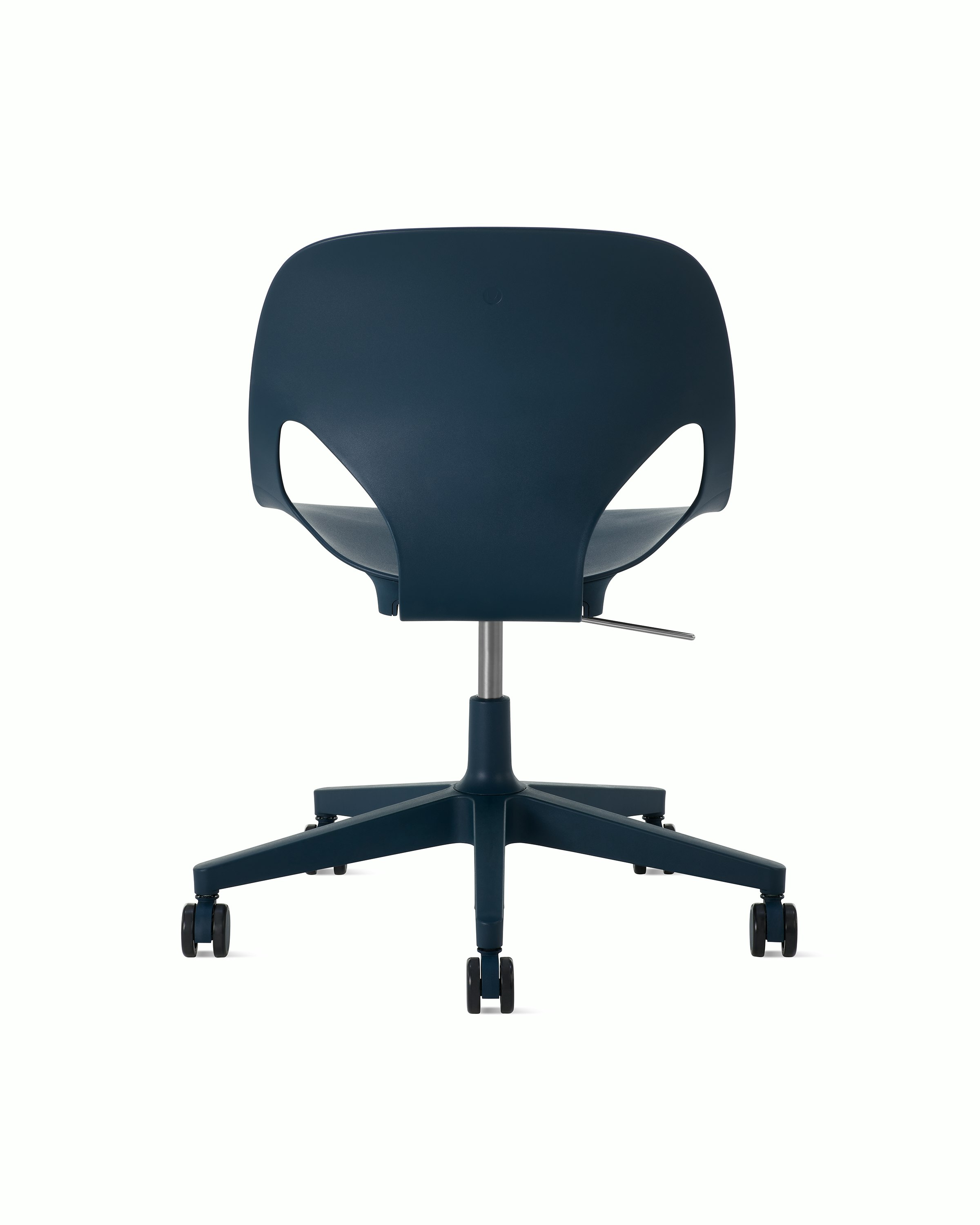 Rear view of a dark blue armless Zeph chair.