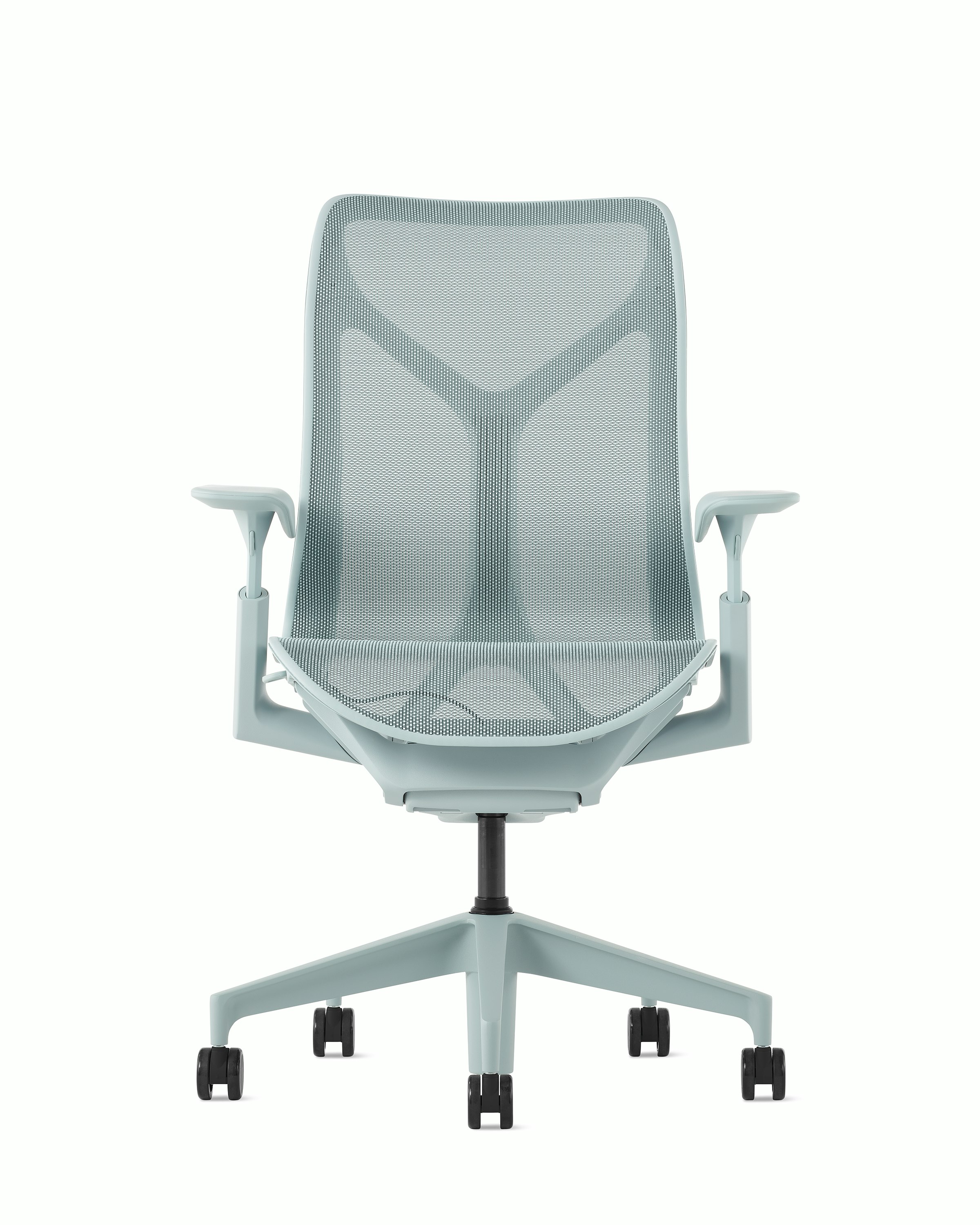 A Cosm mid-back, glacier chair with height-adjustable arms.