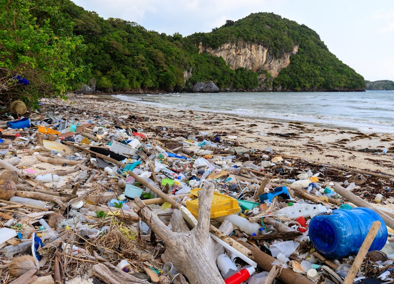 A beach littered with plastic trash.