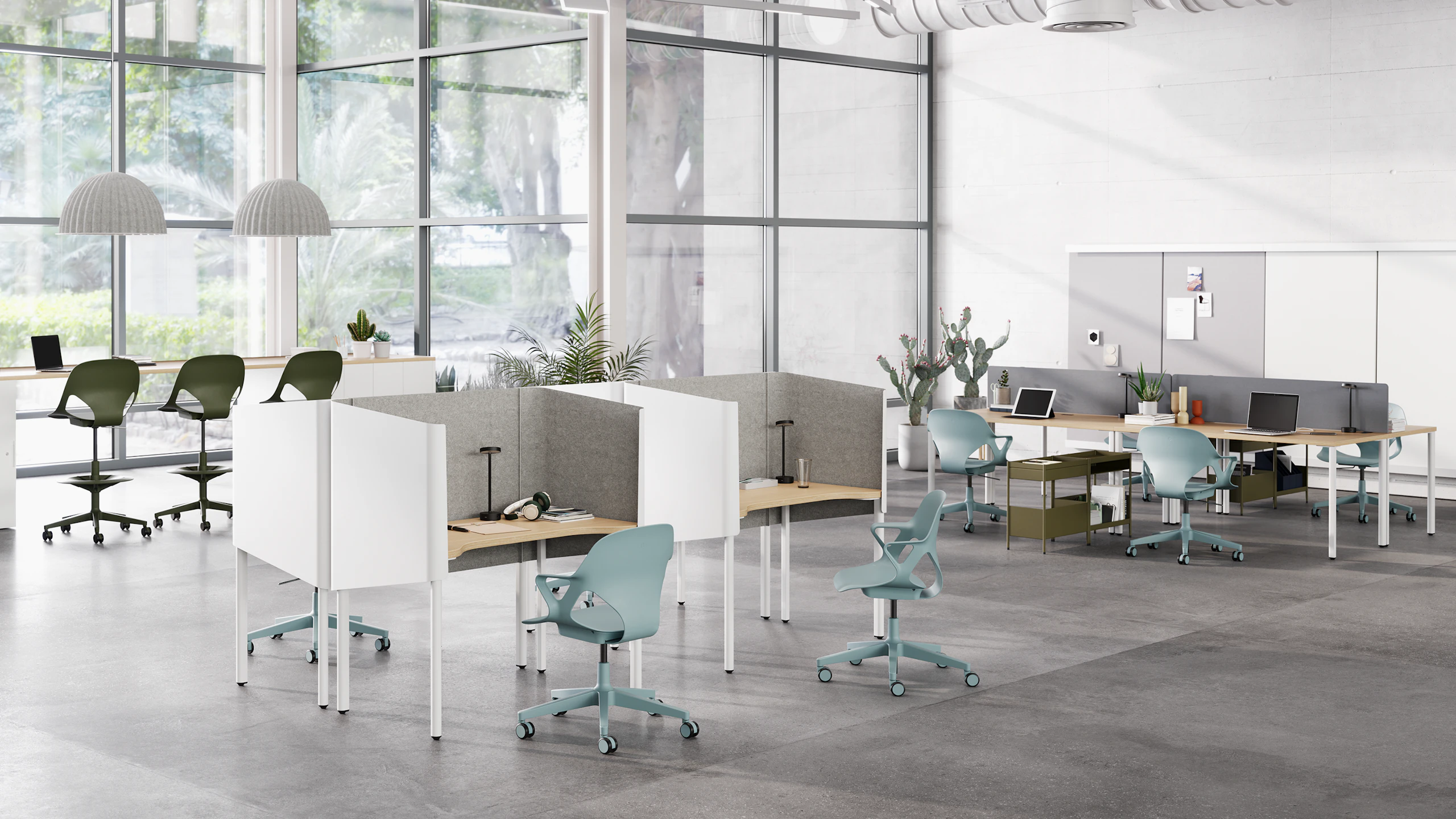 Zeph chairs in glacier and Zeph stools in olive with white accent OE1 desks and nooks in a touchdown space.