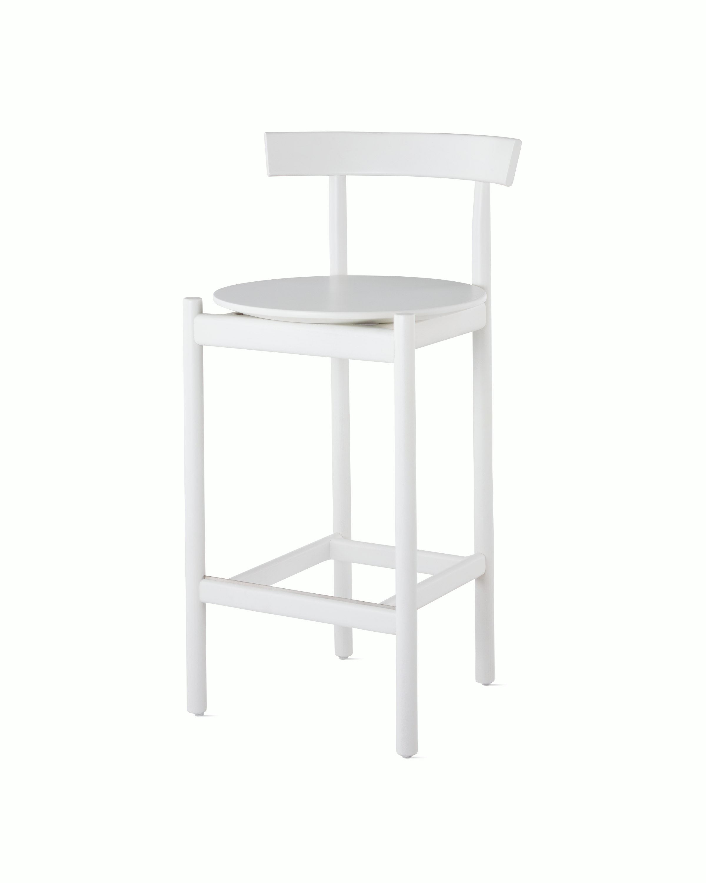 A white counter-height Comma Stool, viewed from the front at an angle.