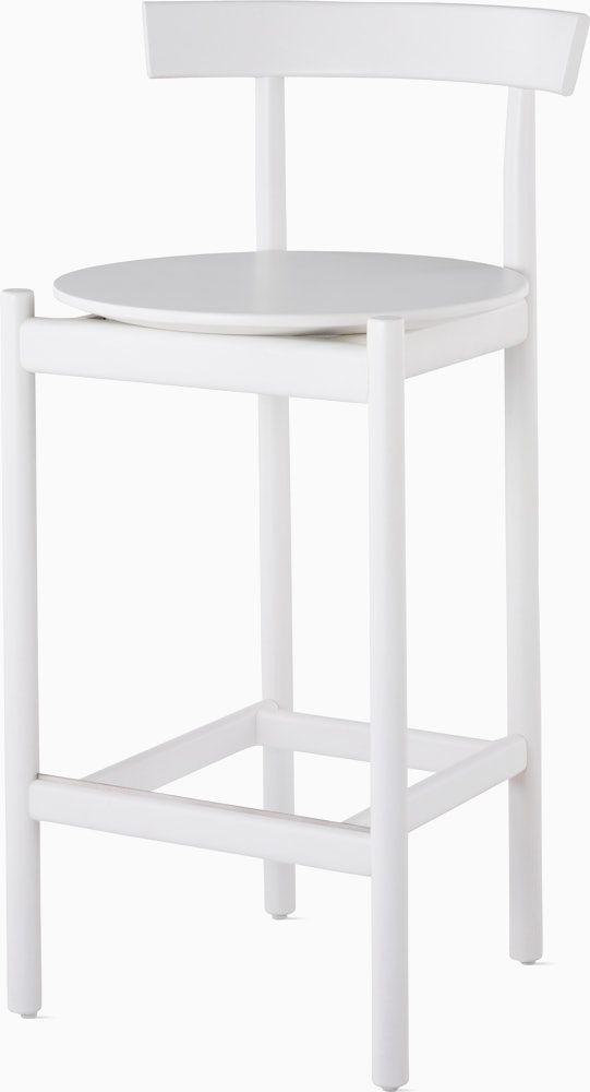A white counter-height Comma Stool, viewed from the front at an angle.