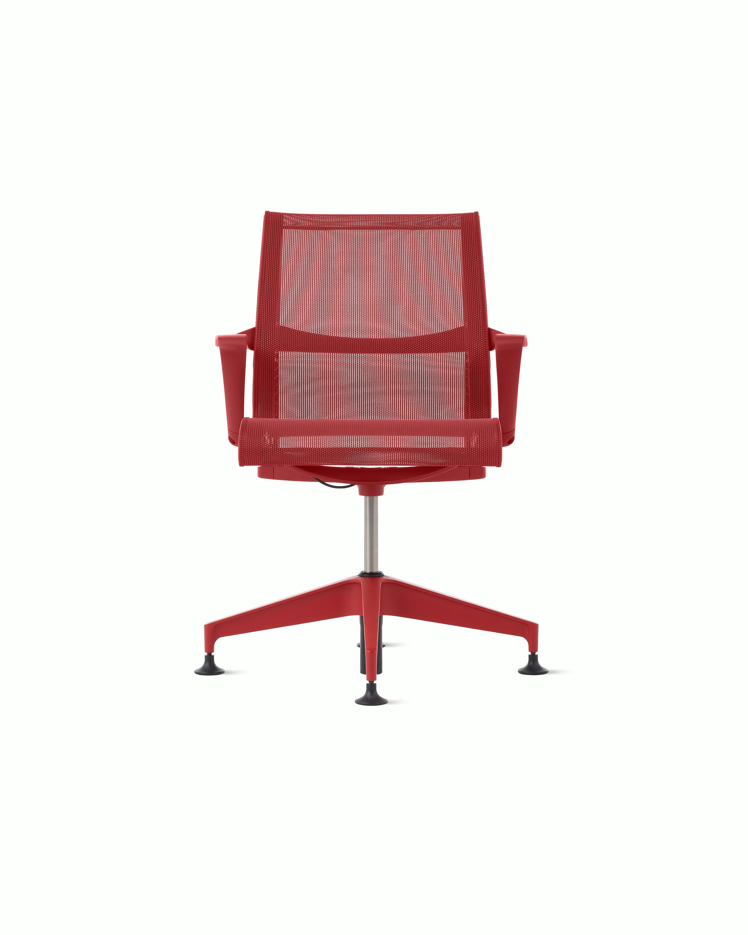 Front view of a Setu side chair with fixed arms in red.