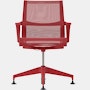 Front view of a Setu side chair with fixed arms in red.