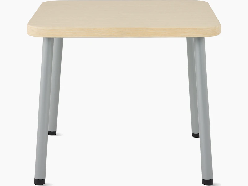 Front view of a square Valor side table with an ash wood laminate finish and silver legs.