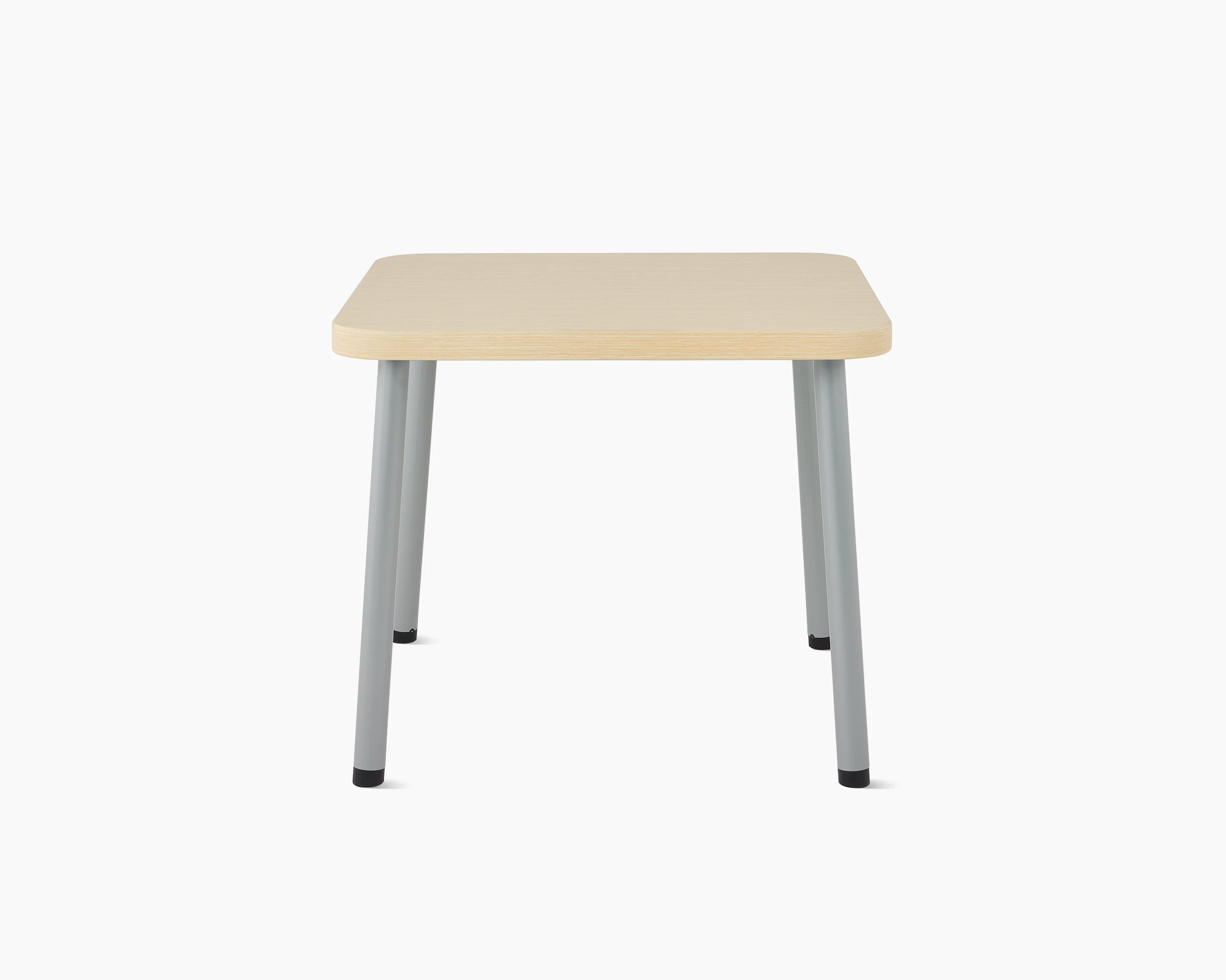 Front view of a square Valor side table with an ash wood laminate finish and silver legs.