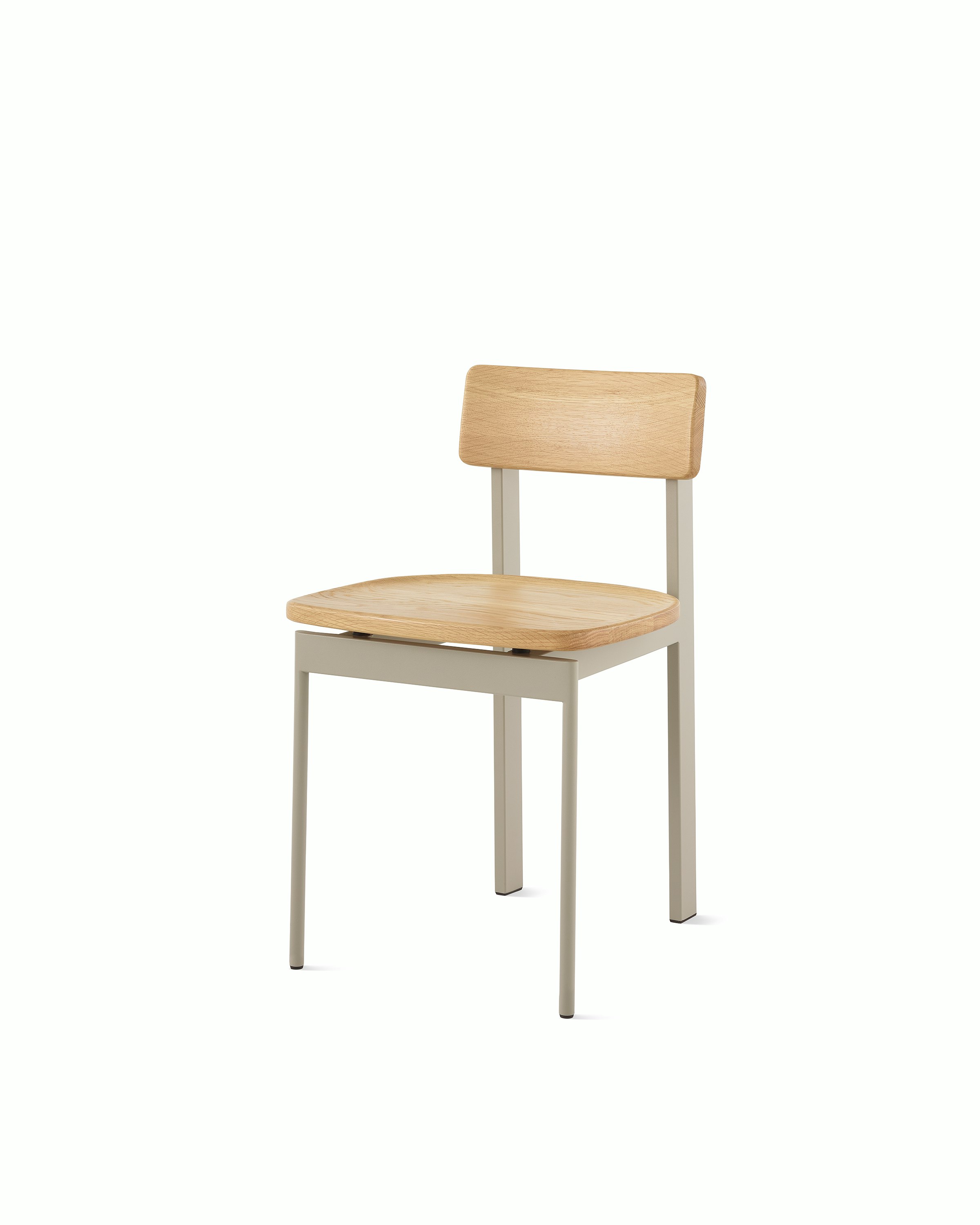 A Betwixt Chair with an oak seat and backrest with a grey frame. 