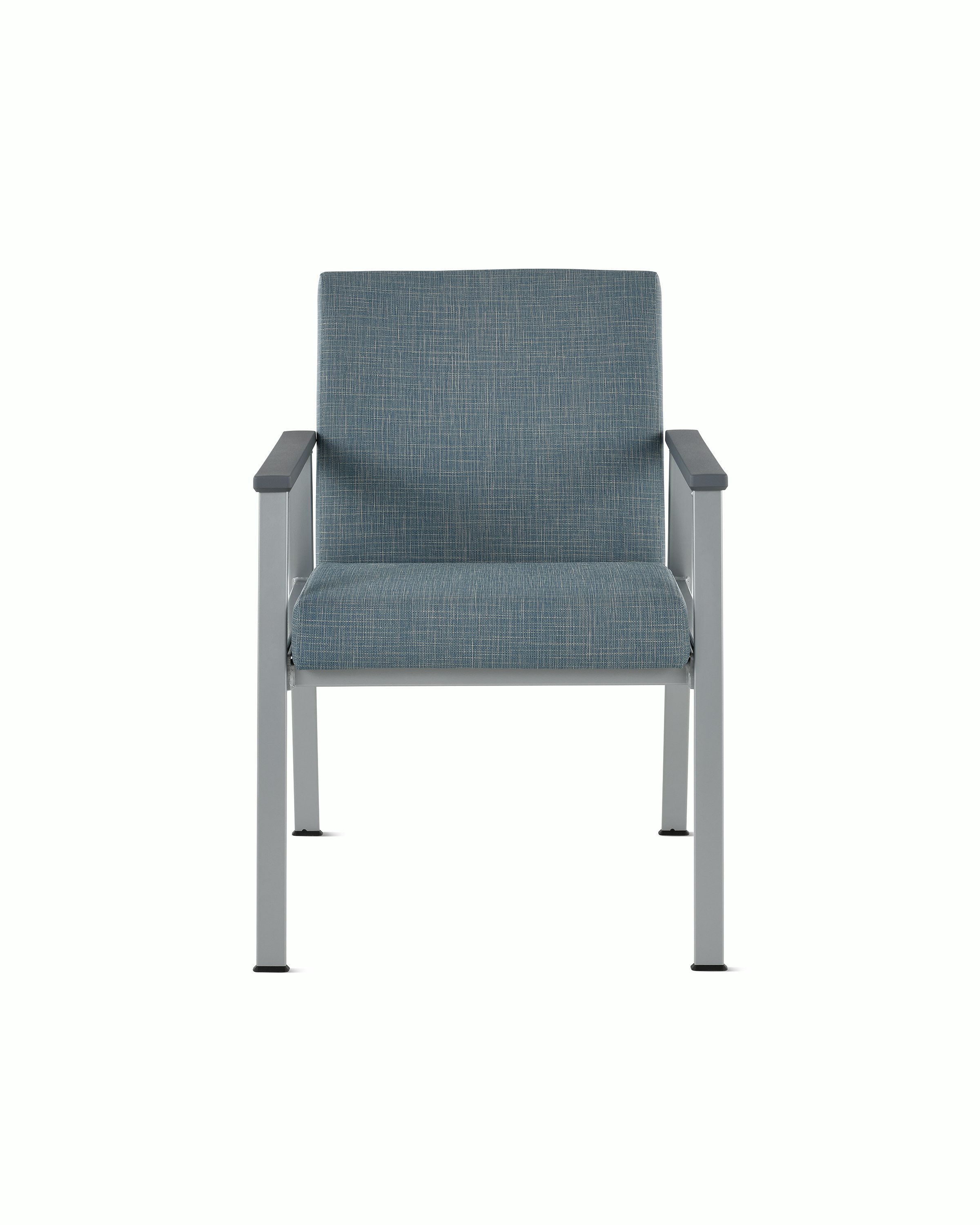 Front view of an Easton Side Chair with blue upholstery, metallic silver four leg base and slate grey arm caps.