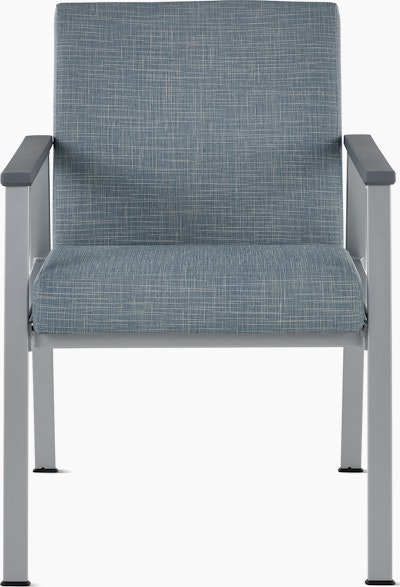 Front view of an Easton Side Chair with blue upholstery, metallic silver four leg base and slate grey arm caps.
