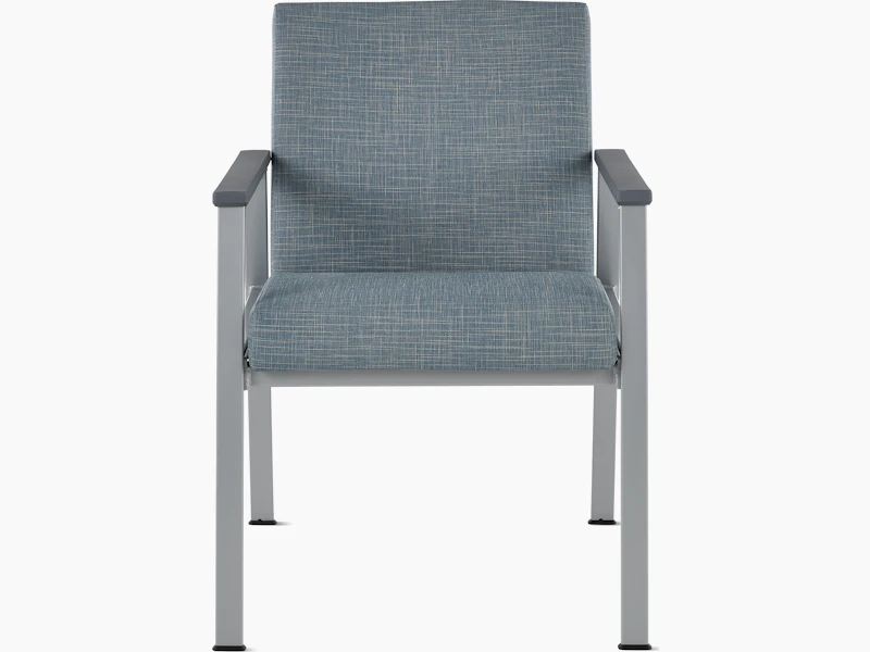 Front view of an Easton Side Chair with blue upholstery, metallic silver four leg base and slate grey arm caps.