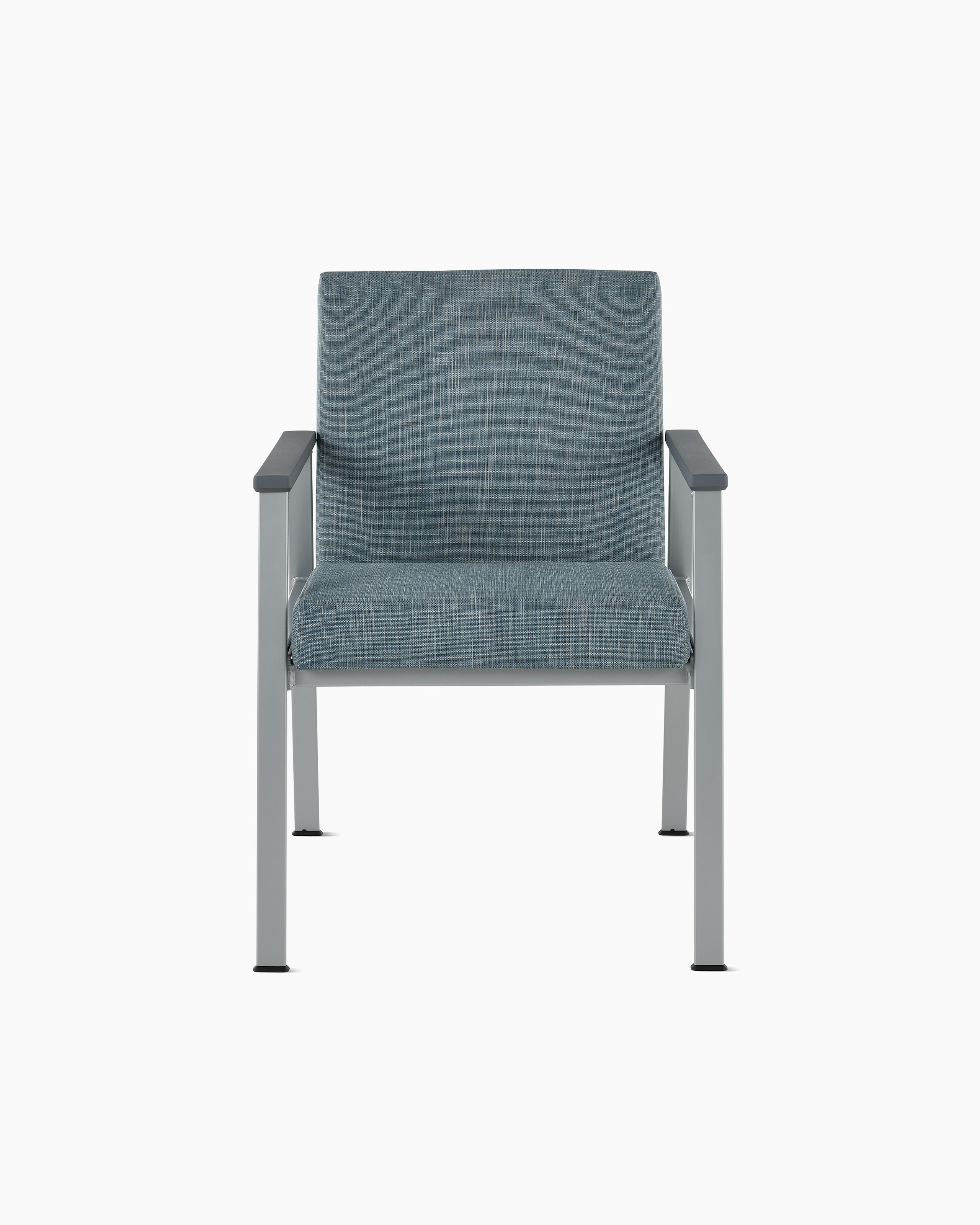 Front view of an Easton Side Chair with blue upholstery, metallic silver four leg base and slate grey arm caps.