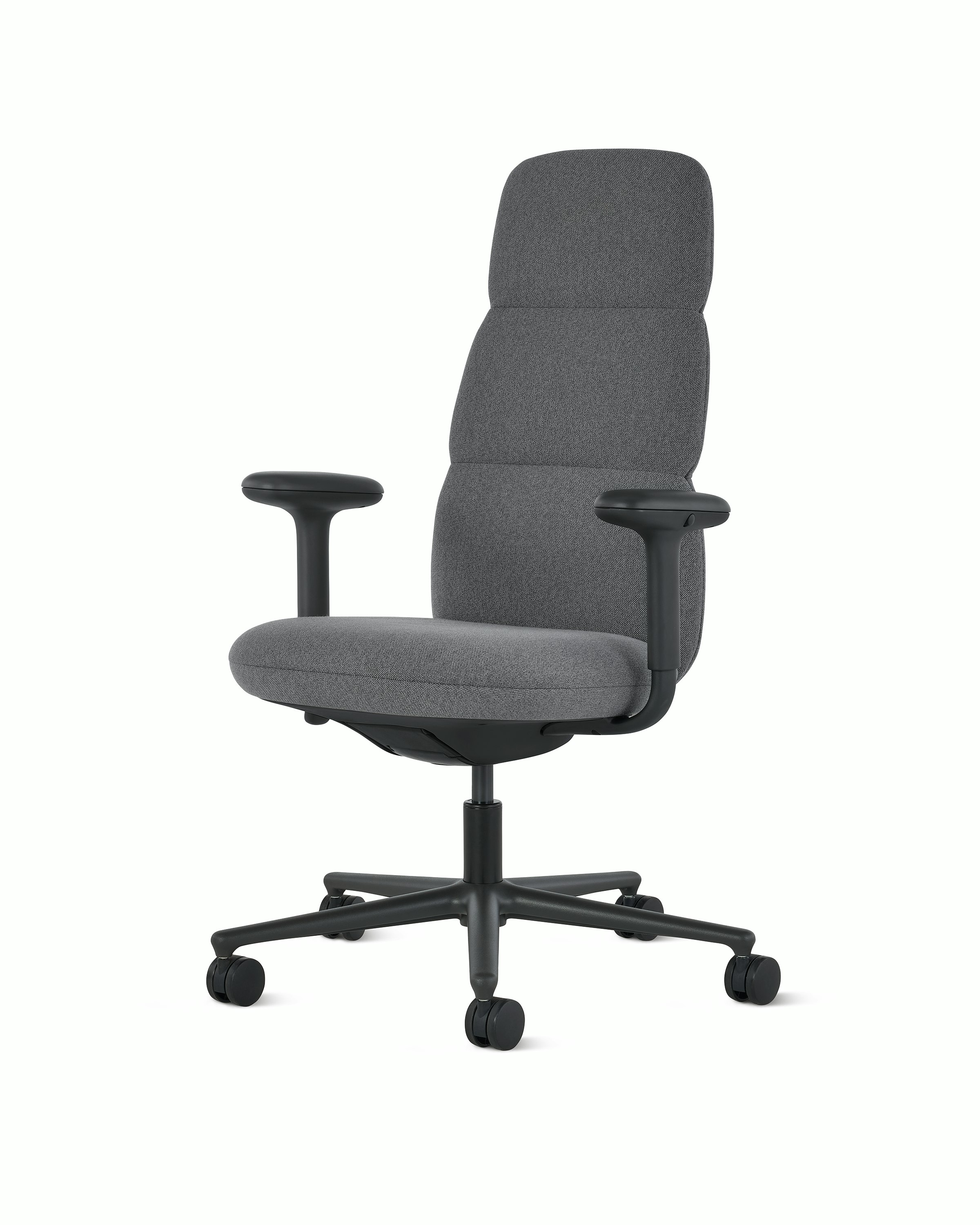 Front angle view of a high-back Asari chair by Herman Miller in dark grey with height adjustable arms.