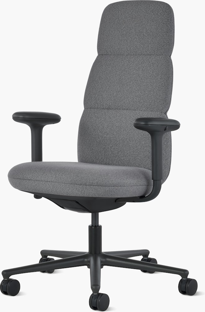 Front angle view of a high-back Asari chair by Herman Miller in dark grey with height adjustable arms.