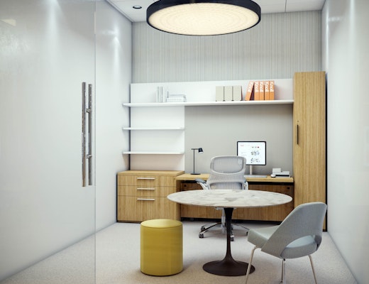 Thriving Workplace Private Office with Reff Profiles and Saarinen Collection Reff profiles workwall l-shelves height-adjustable table wardrobe generation by knoll work chair task chair saarinen dining table saarinen desk saarinen executive chair rockwell unscripted upholstered seat muuto tip desktop lamp