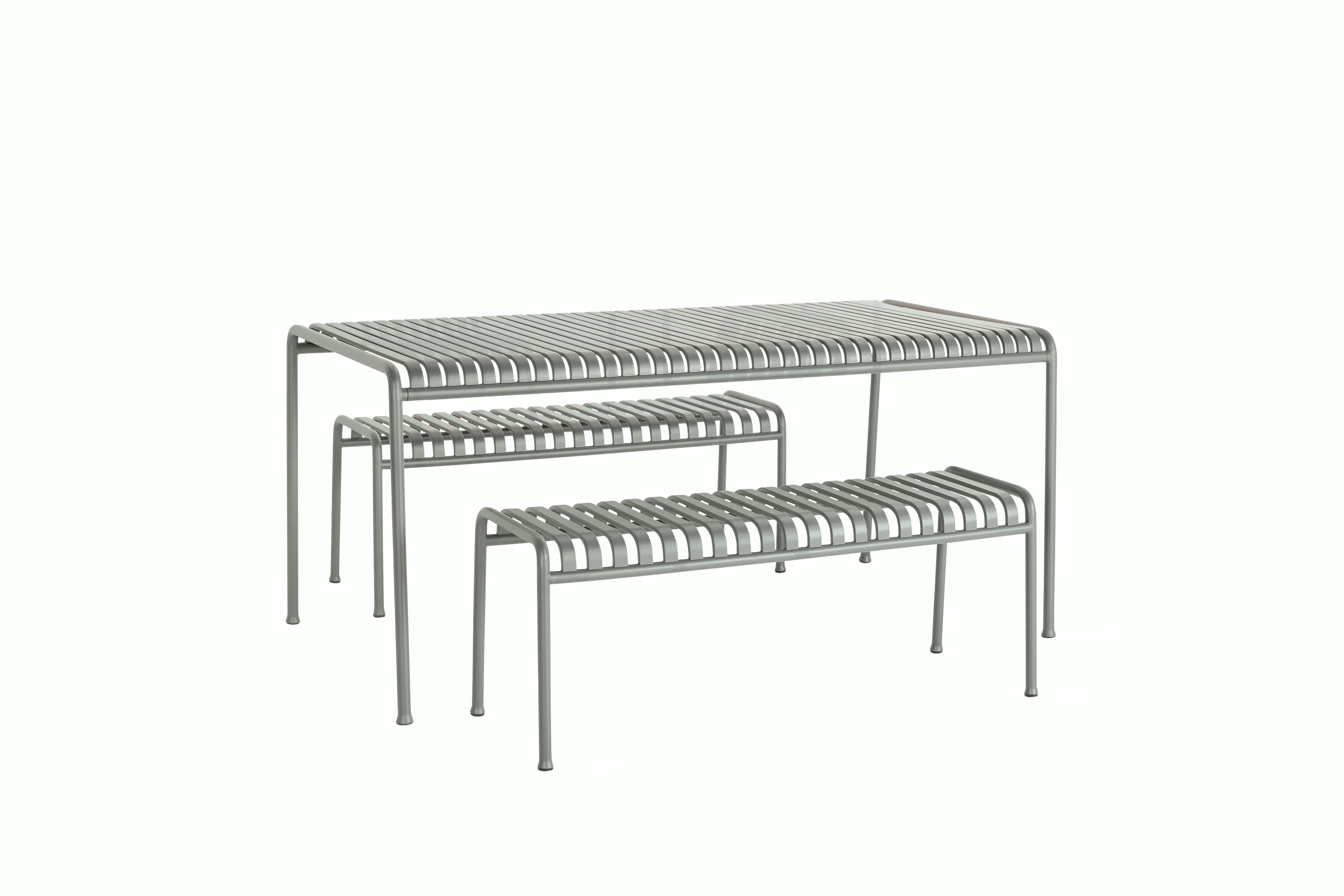 A Palissade Dining Table and Bench Set in light grey.