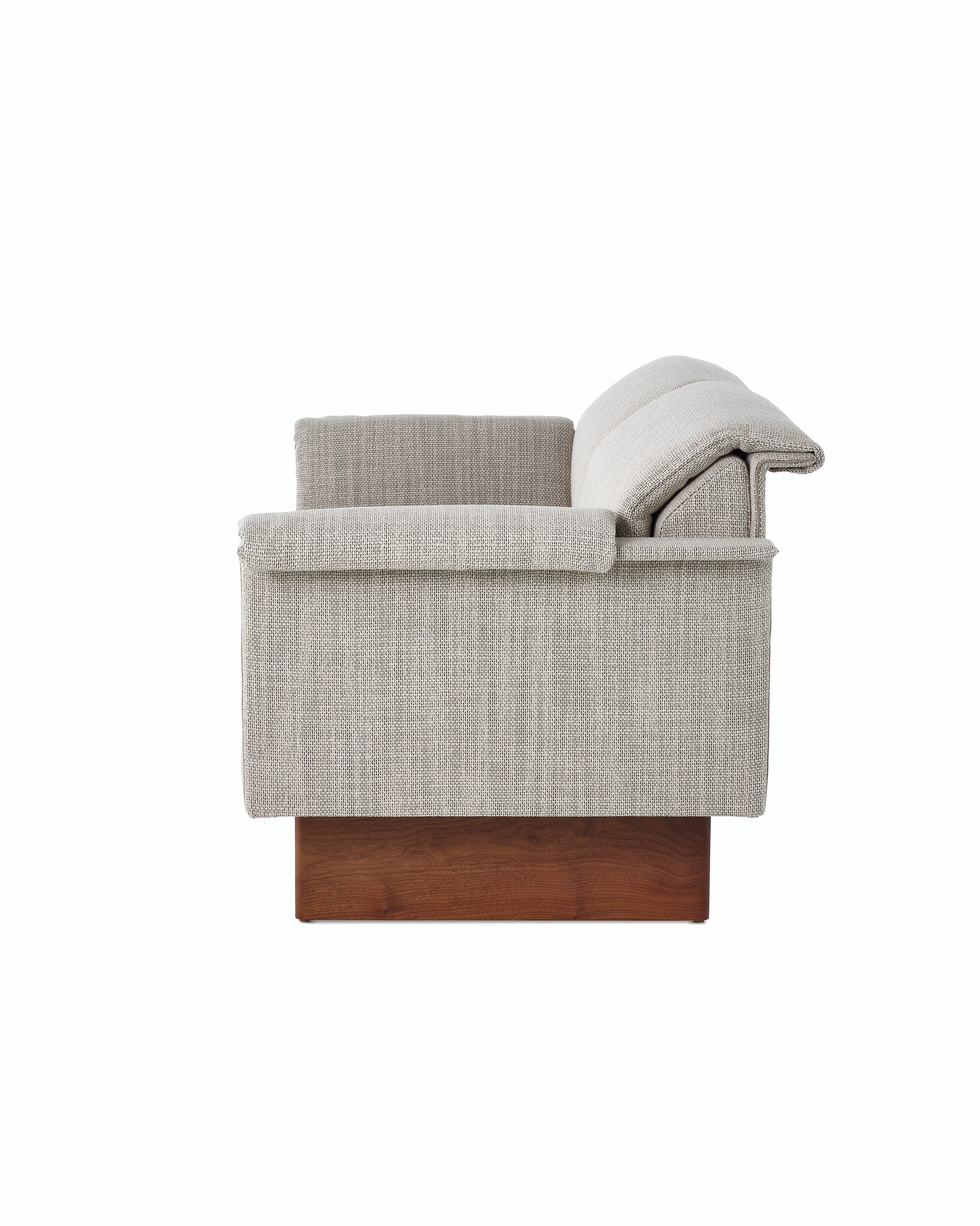 Mantle Two Seater Sofa in Capri Stone with Walnut Wood Base, side view.