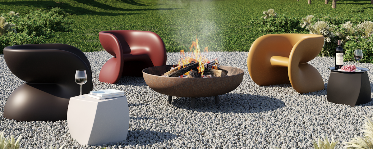 Three Fortune Chairs surrounding an outdoor fire pit