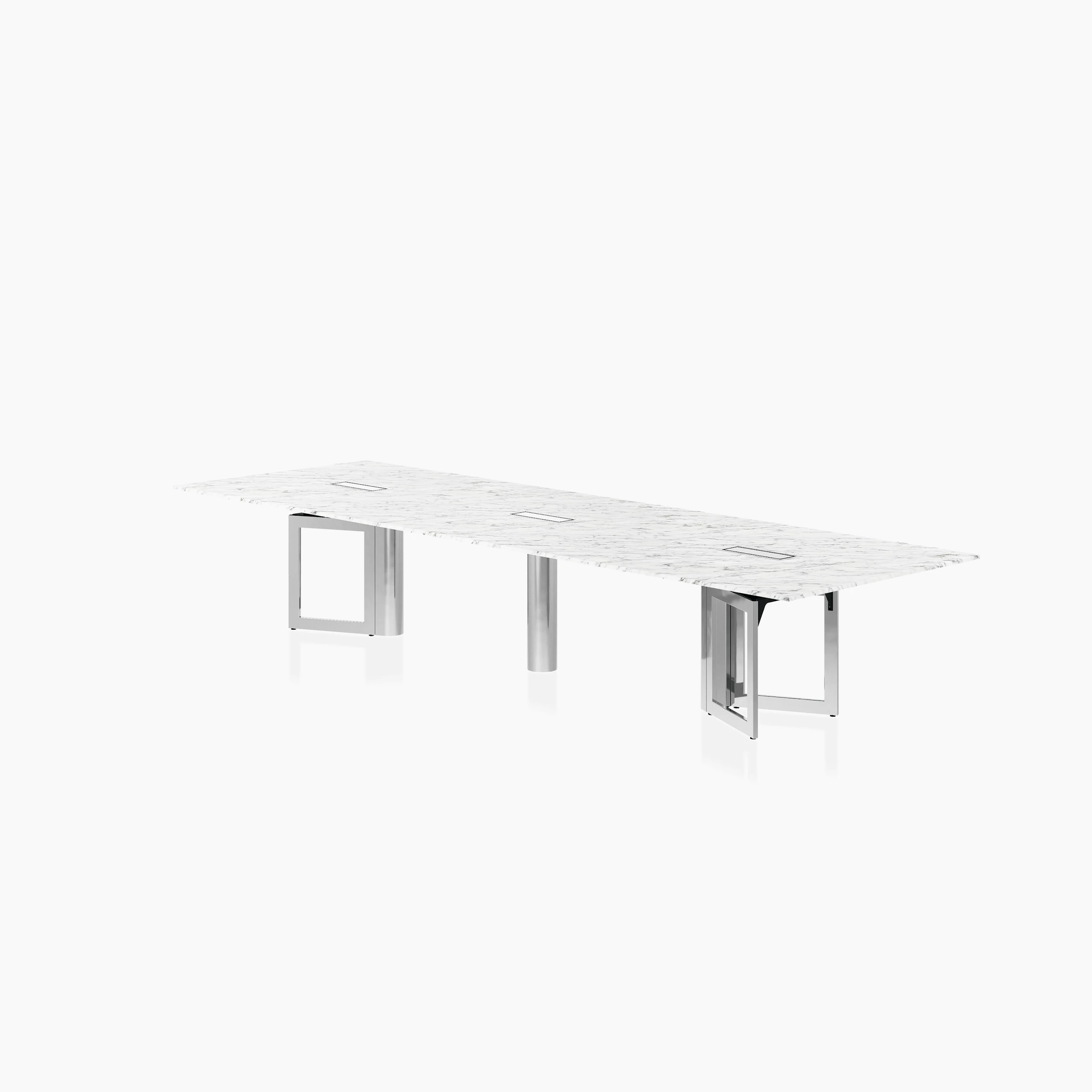 Highline Vector Conference Table in Arabescato Corchia Marble with a Polished Chrome base viewed from a 45 degree angle.