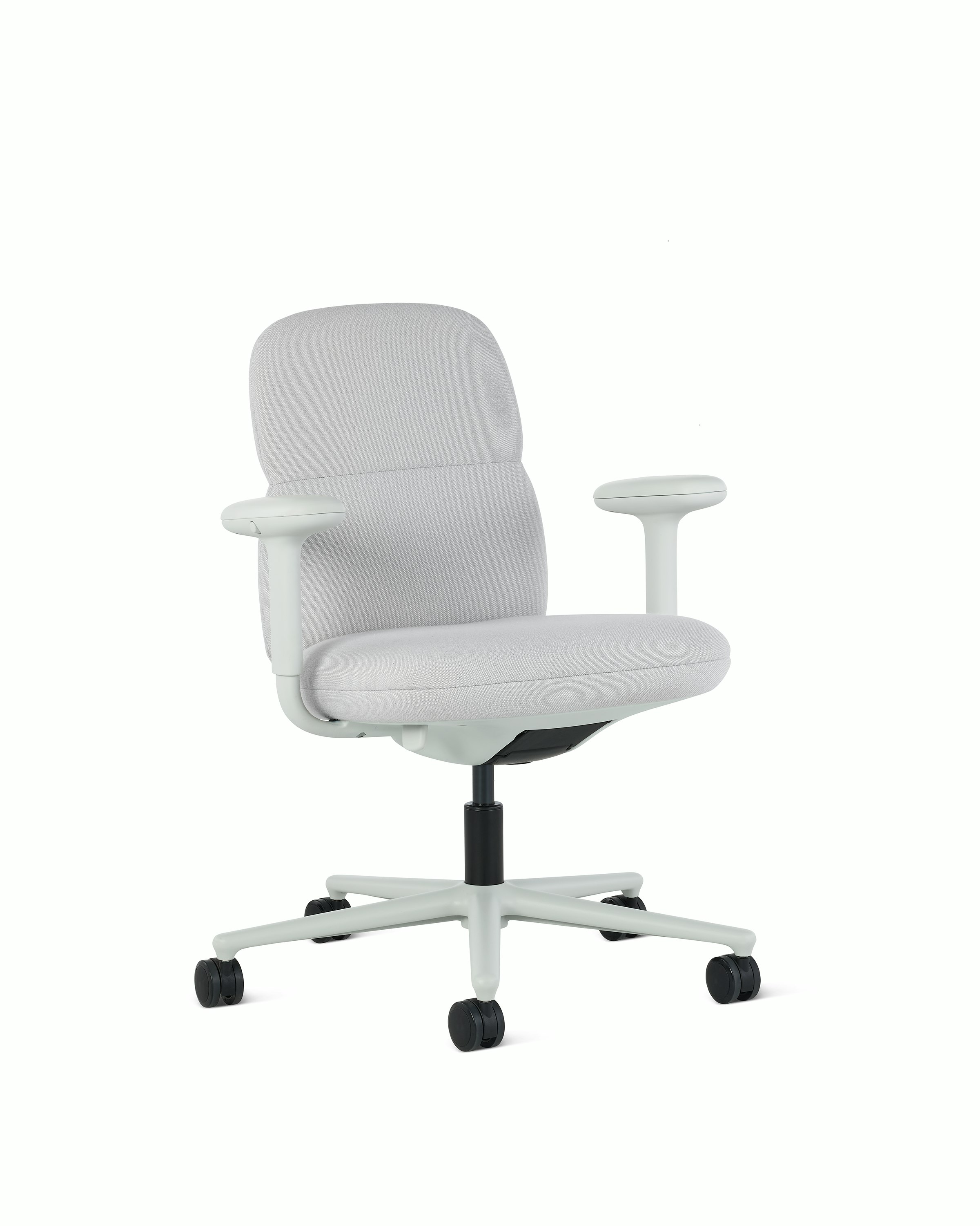 Front angle view of a mid-back Asari chair by Herman Miller in light grey with height adjustable arms.