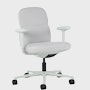 Front angle view of a mid-back Asari chair by Herman Miller in light grey with height adjustable arms.