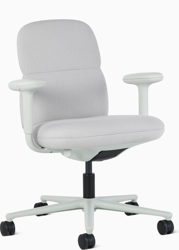 Front angle view of a mid-back Asari chair by Herman Miller in light grey with height adjustable arms.
