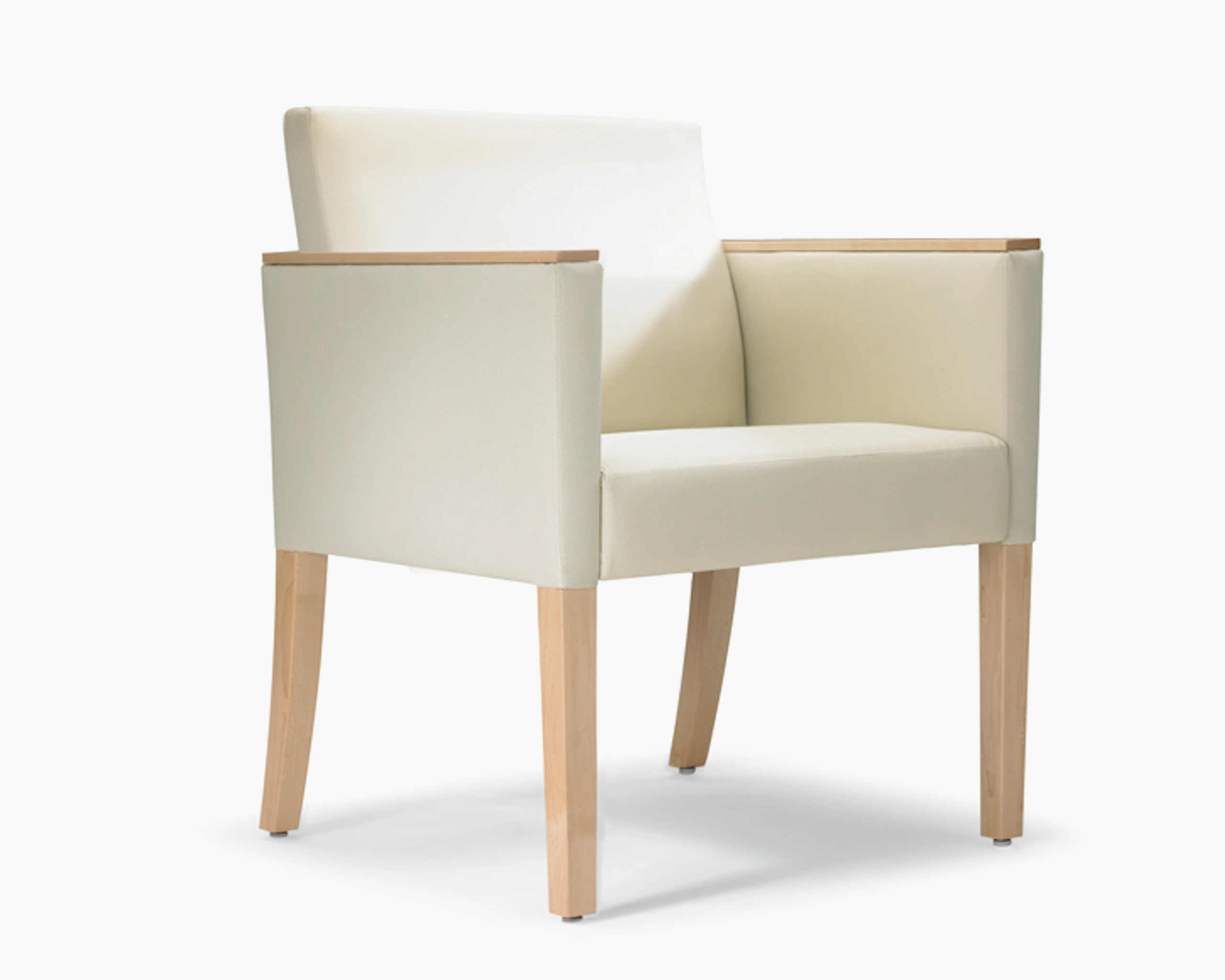 A three-quarter view of a Brava 862 Chair with maple frame, maple arm caps, and white textile.