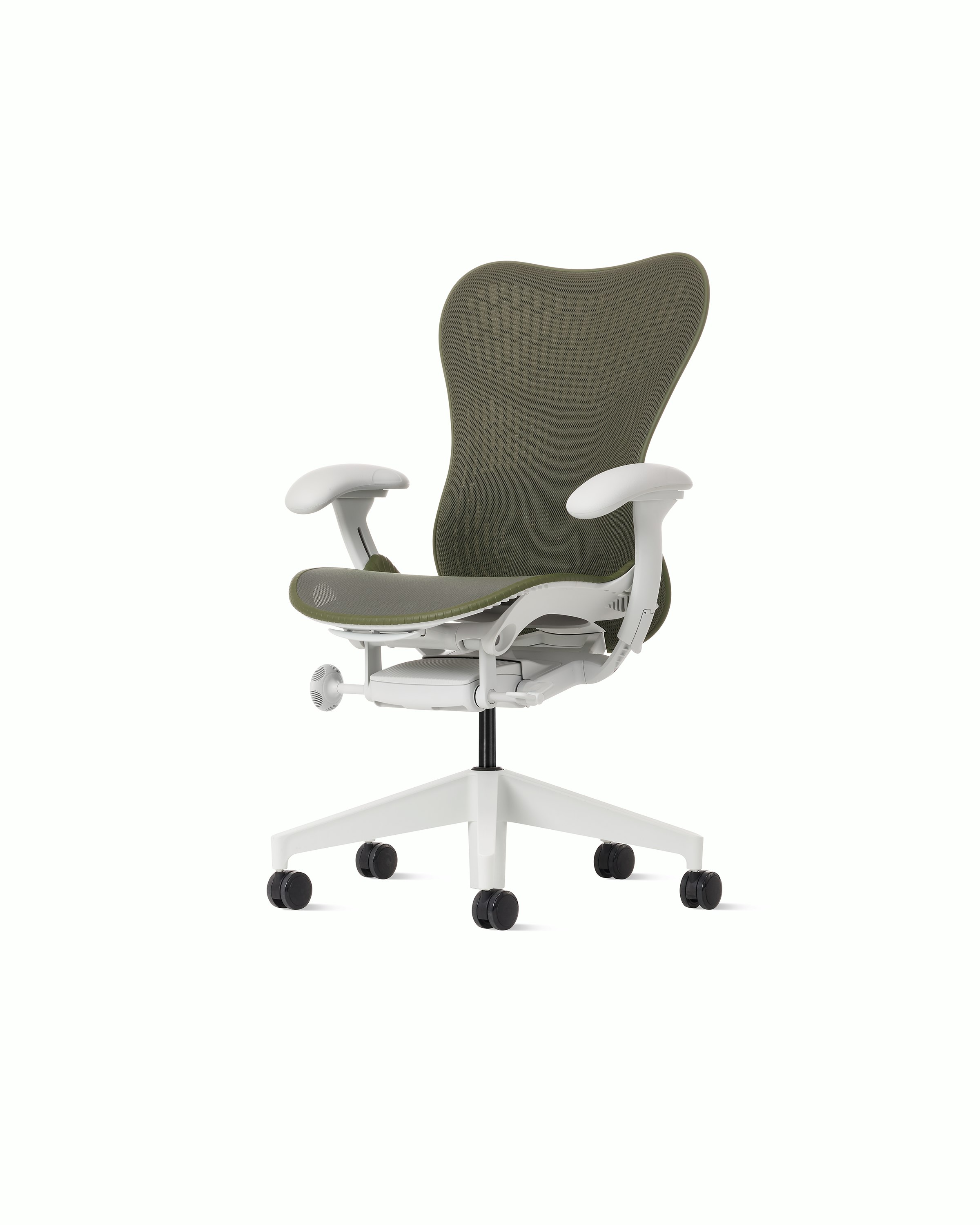 Front angle view of a Mirra 2 chair with a Butterfly back in olive and an alpine frame.